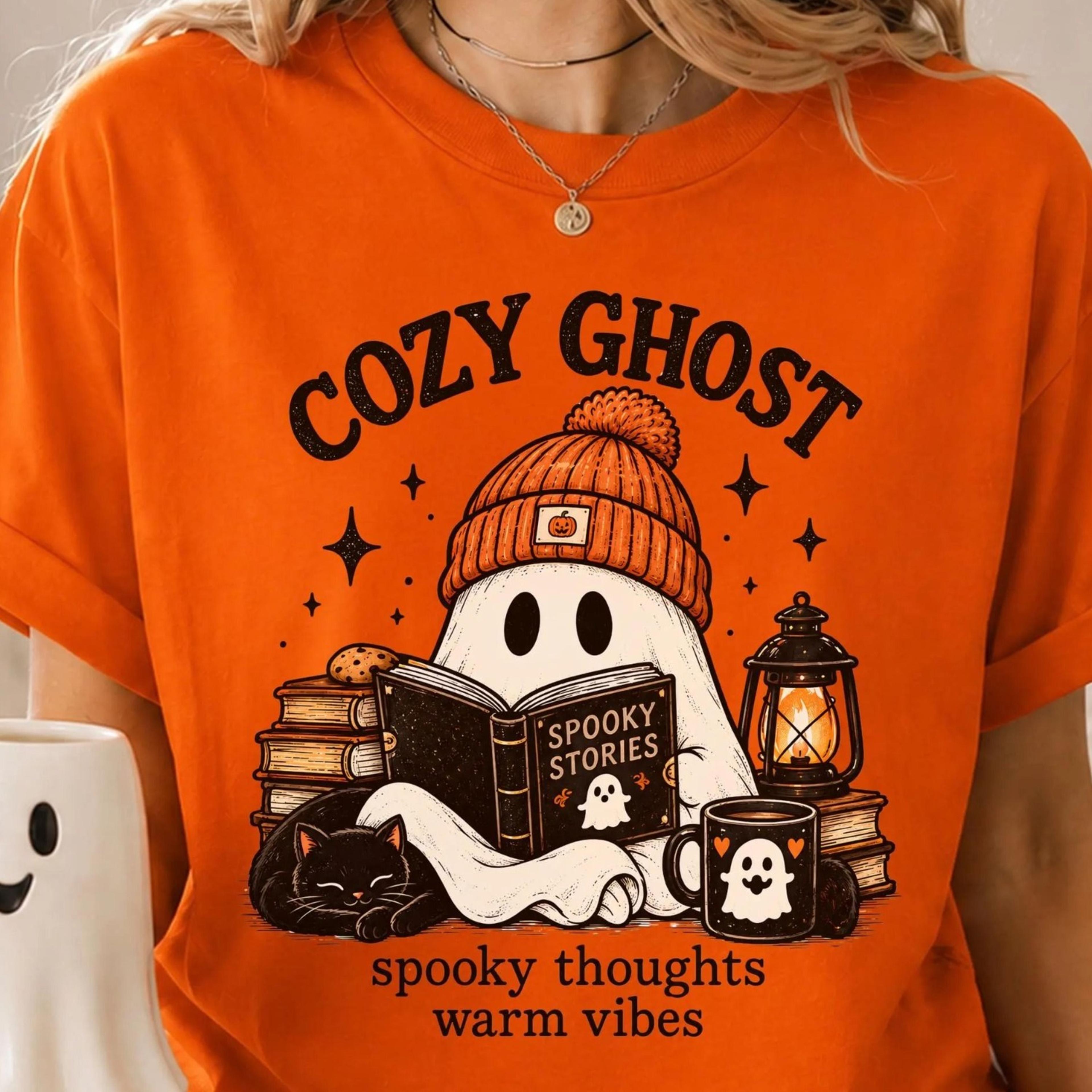 cozy ghost halloween shirt, spooky book lover tee, cute ghost coffee shirt, fall halloween shirt, cozy autumn gift