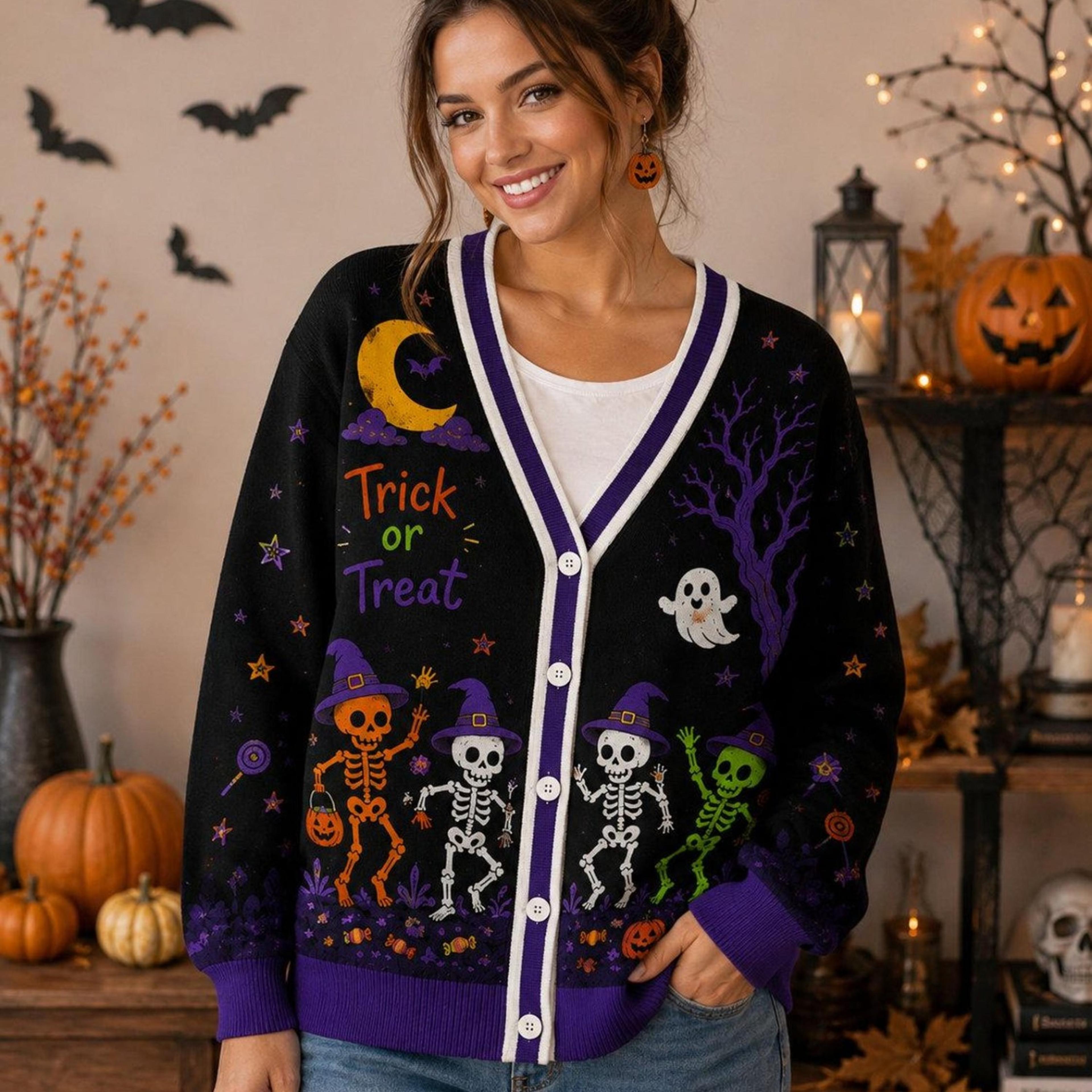 halloween skeleton unisex cardigan, trick or treat ghost sweater, haunted house pumpkin print, gothic fall gift