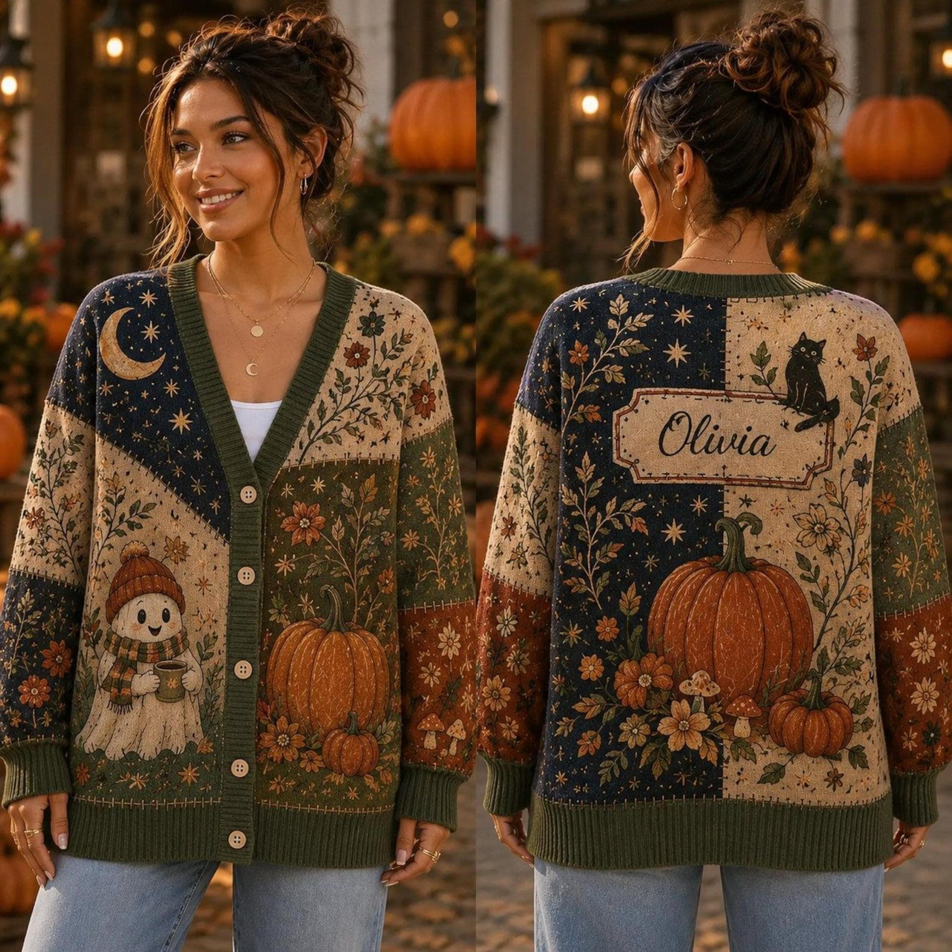 personalized pumpkin cardigan, autumn patchwork sweater, fall halloween cardigan, cozy cottagecore pumpkin gift