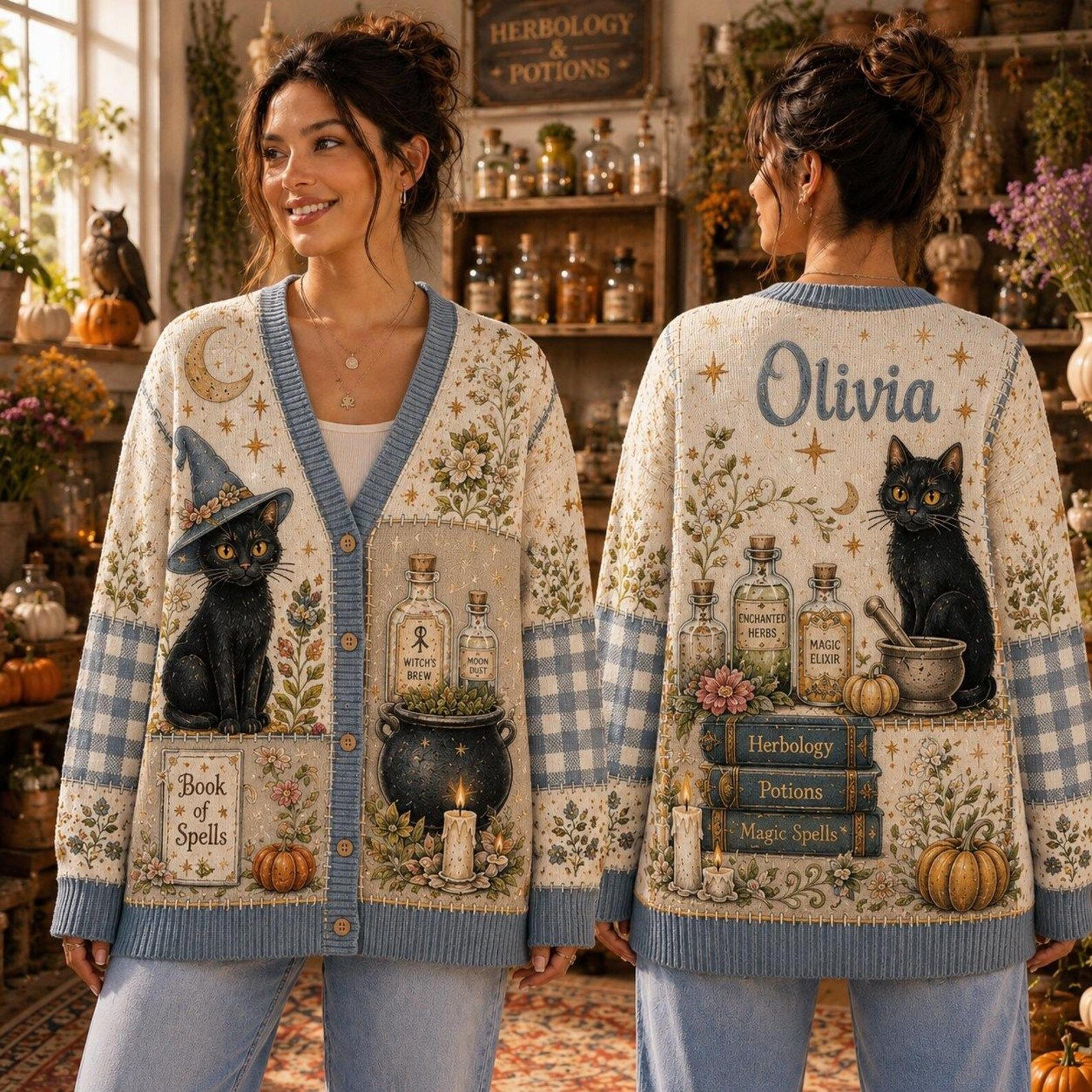 personalized witchy cat cardigan, black cat halloween sweater, cozy cottagecore fall cardigan, custom name pumpkin gift