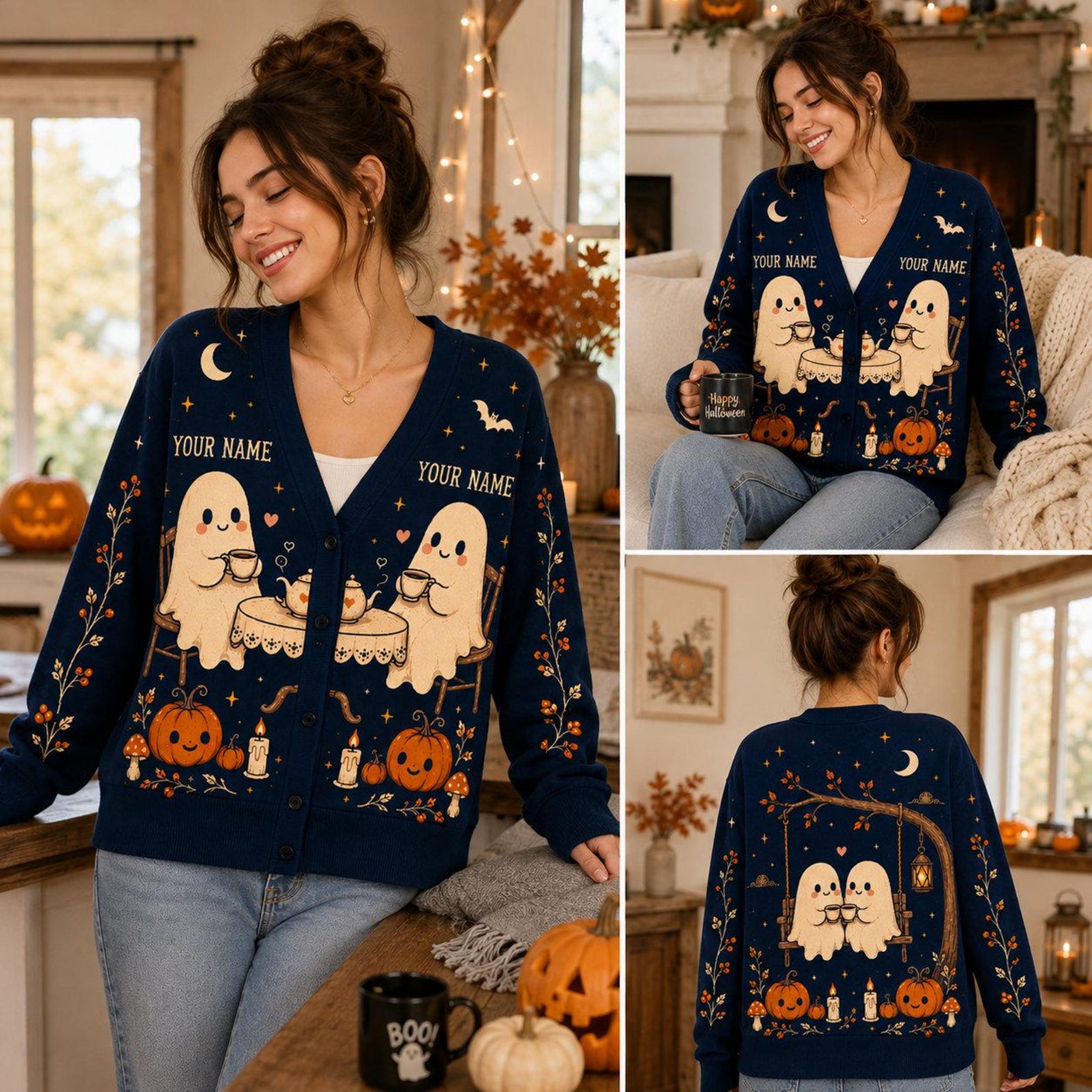 personalized halloween couple cardigan, ghost matching sweater, custom name pumpkin cardigan, spooky fall gift