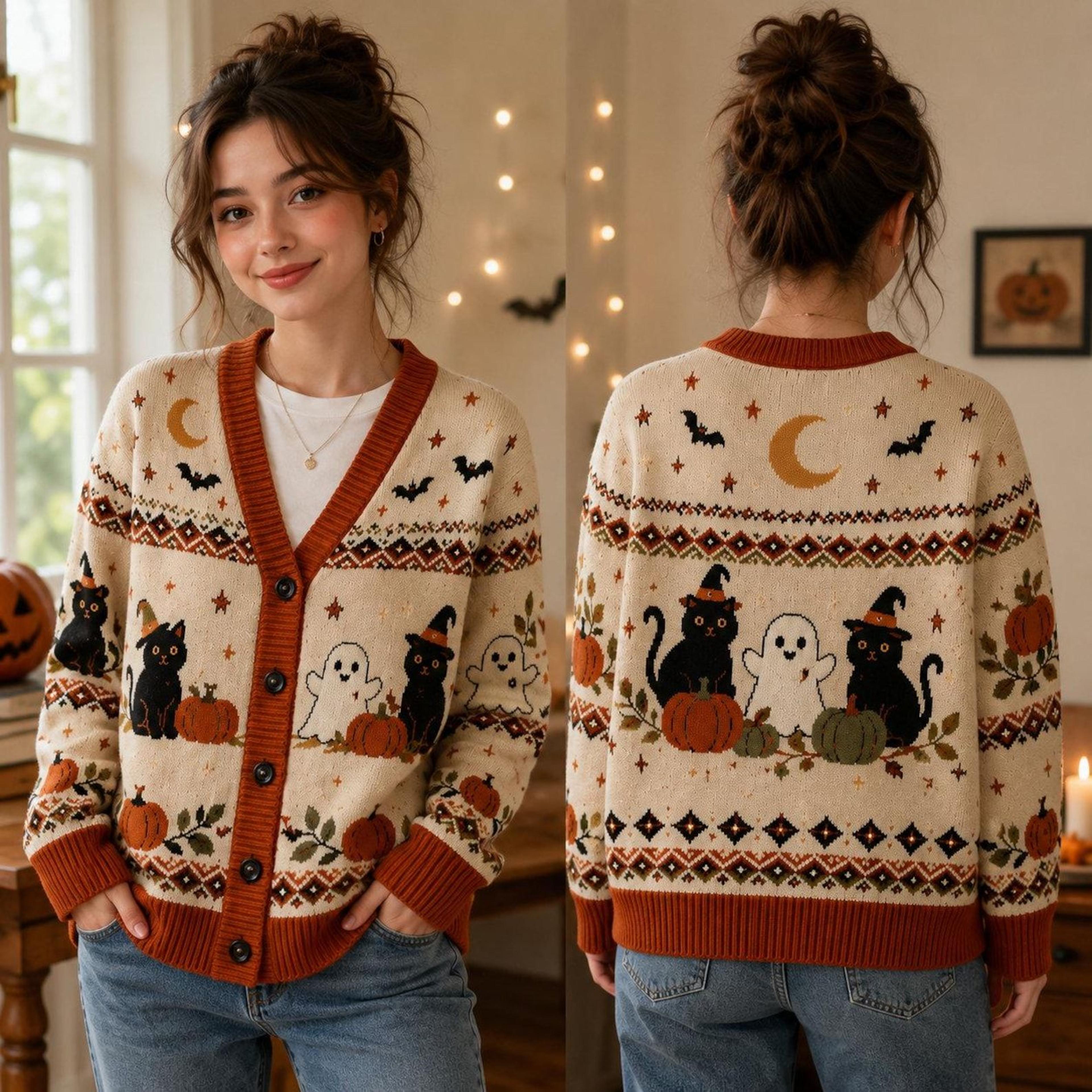 halloween black cat cardigan, cute pumpkin ghost sweater, witchy halloween cardigan, spooky autumn cat gift