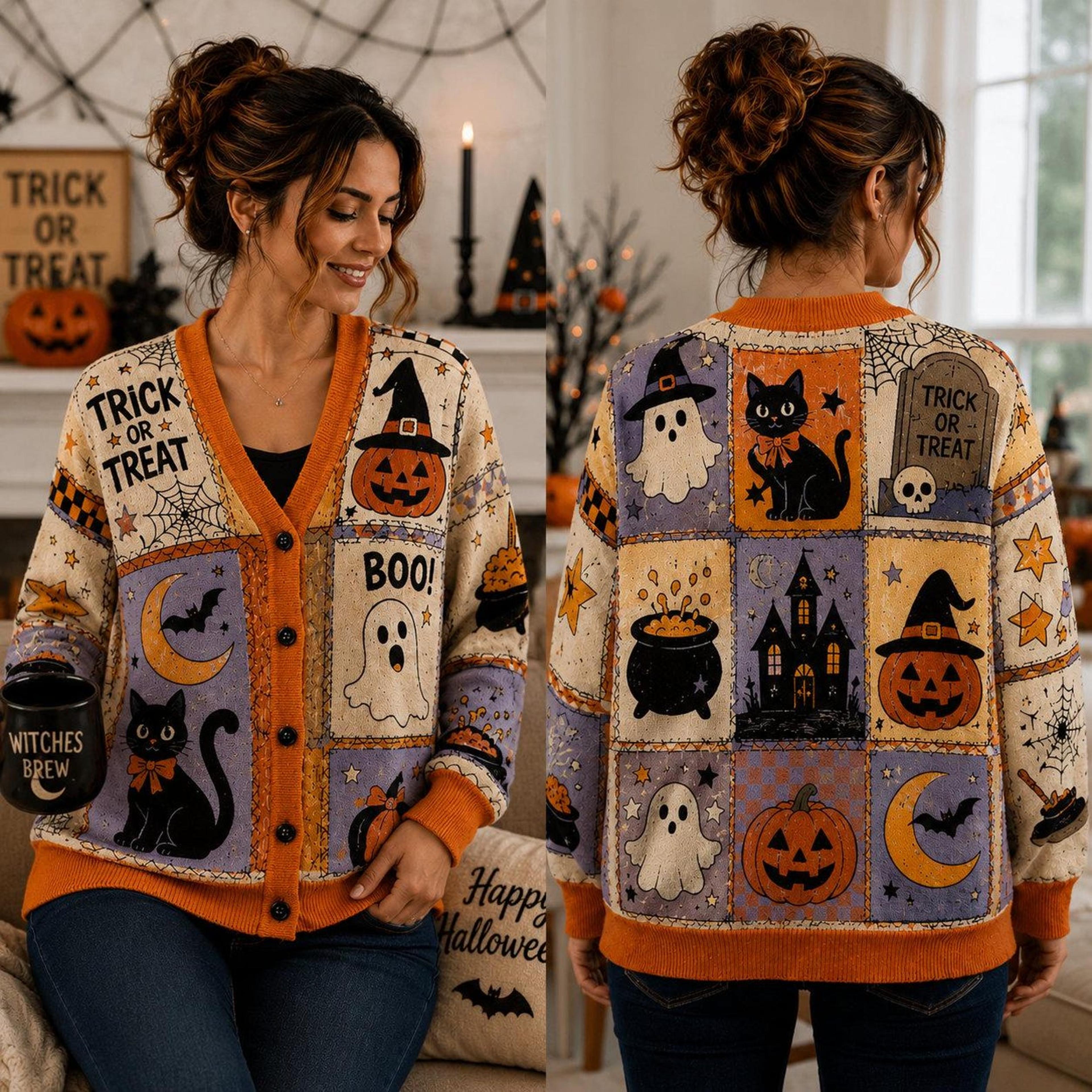 halloween vintage patchwork cardigan, ghost pumpkin cat sweater, witchy spooky fall cardigan, cozy halloween gift