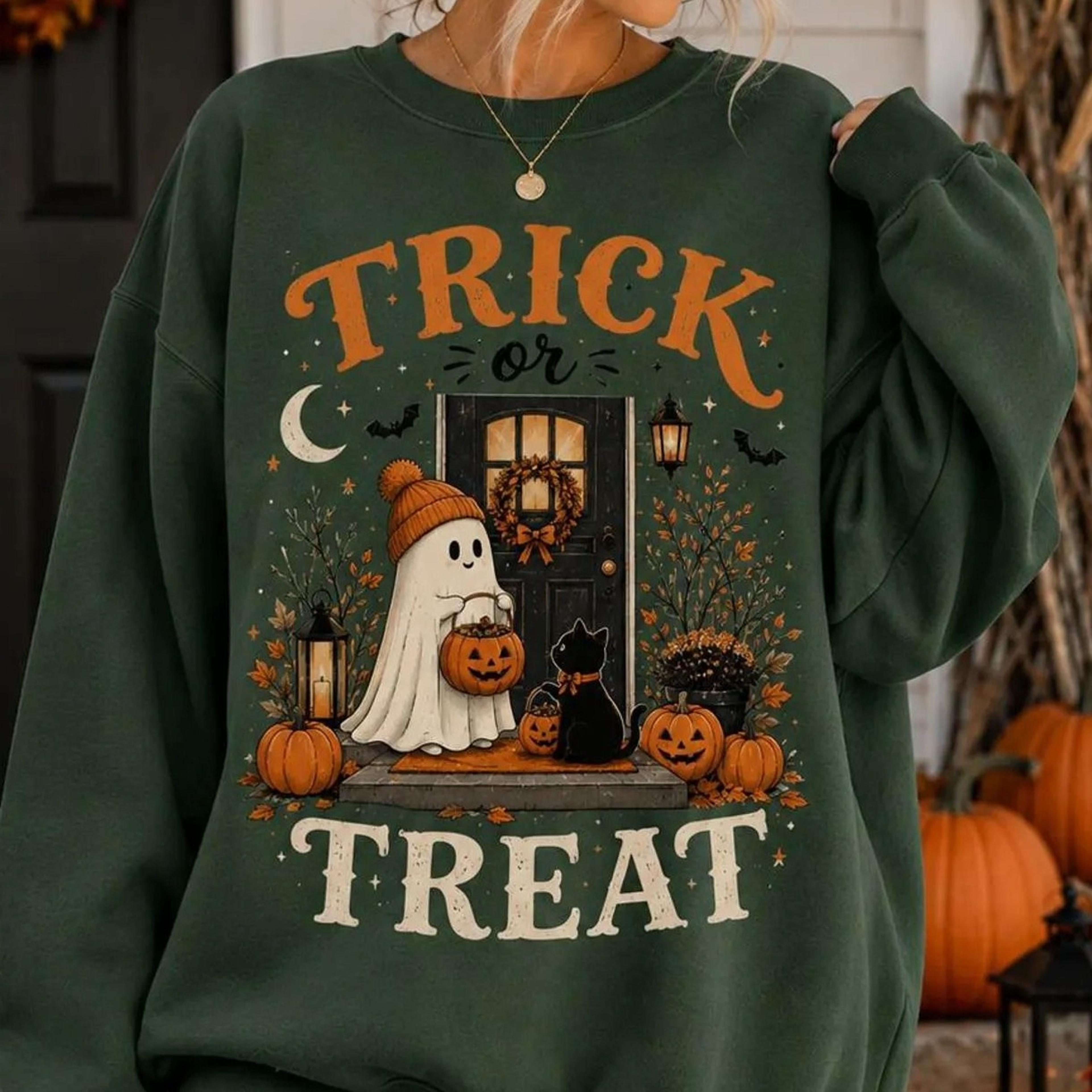 trick or treat halloween sweatshirt, cute ghost halloween shirt, black cat pumpkin crewneck, vintage spooky season