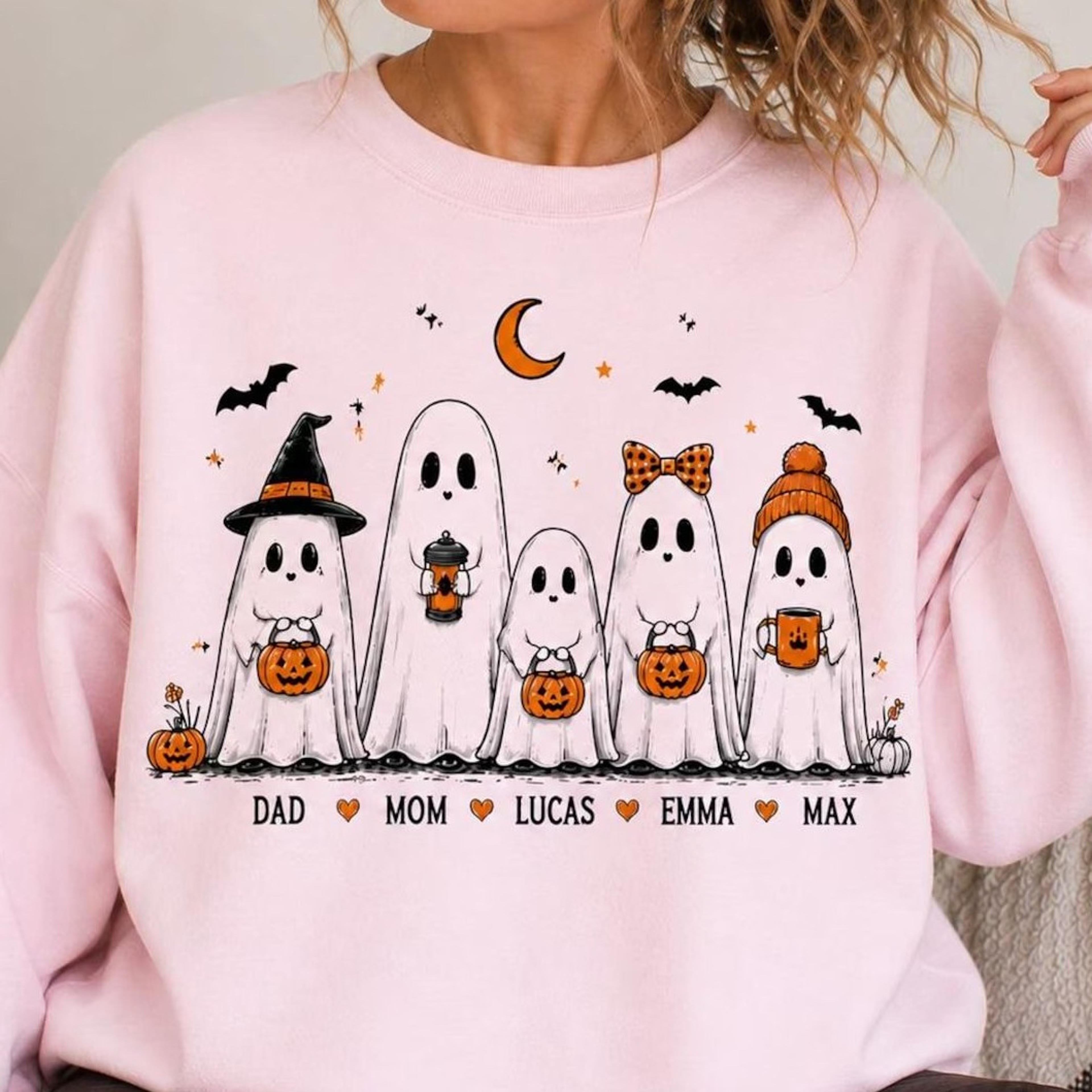 halloween family sweatshirt, custom ghost family shirt with names, spooky family, cute ghost mom dad kids gift