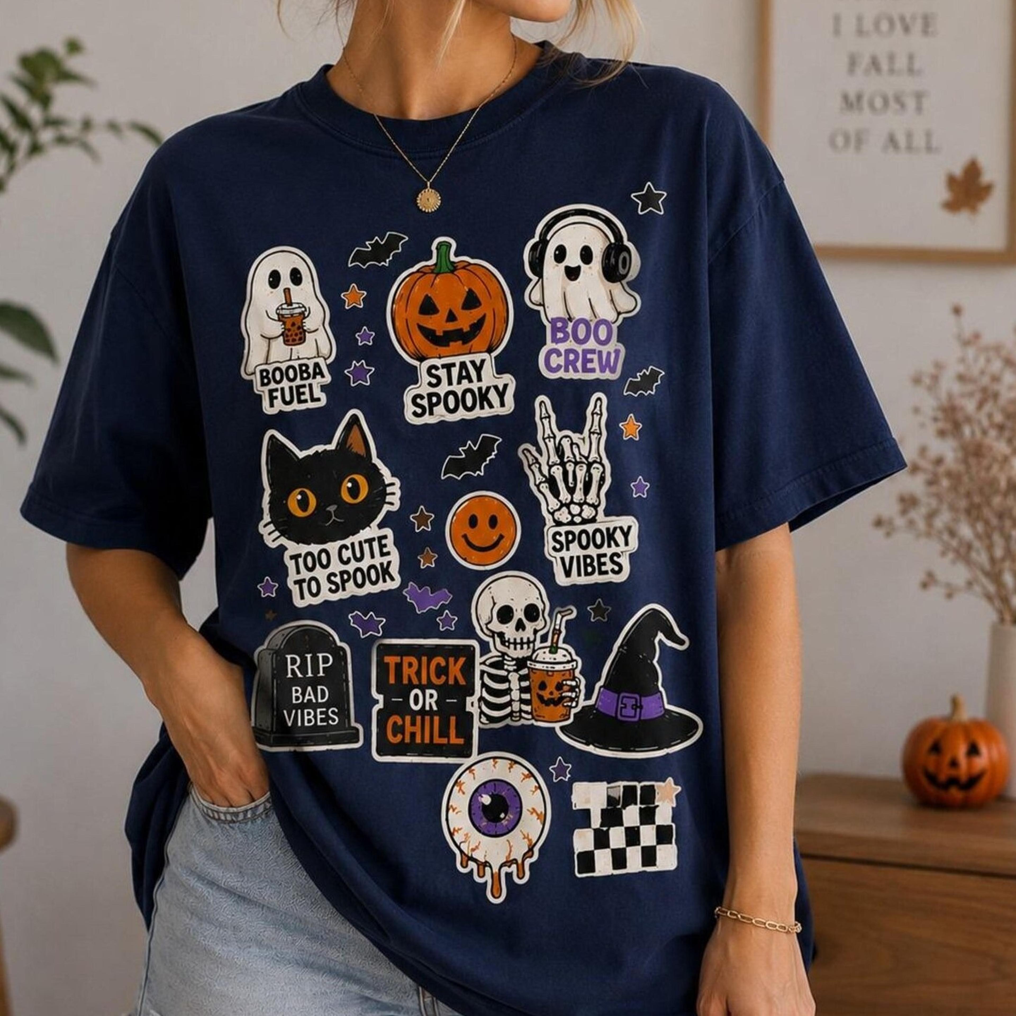 halloween sticker shirt, cute ghost pumpkin cat tee, spooky season graphic t-shirt, fall aesthetic shirt
