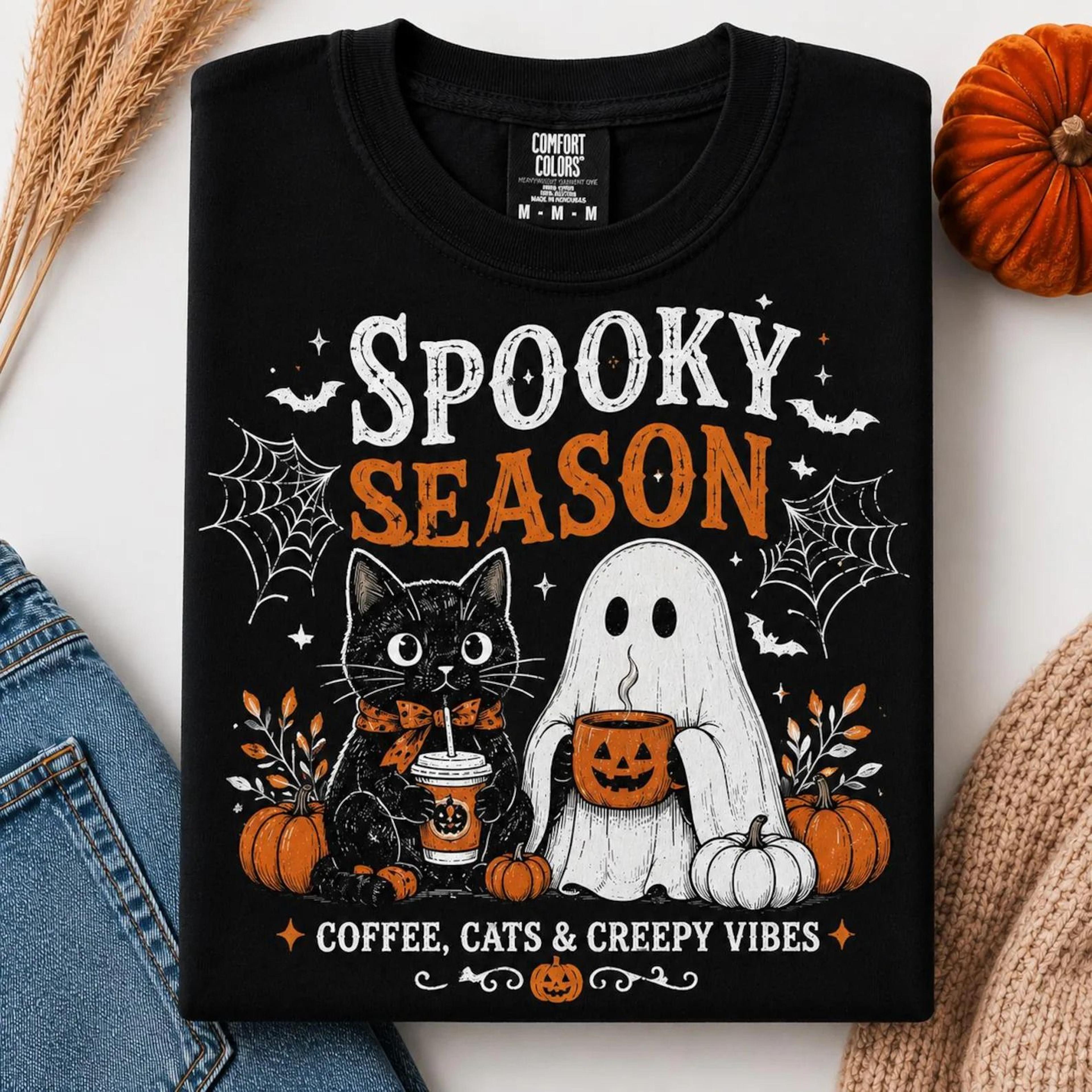 spooky season coffee cats & creepy vibes shirt, cute black cat ghost cat lover halloween crewneck
