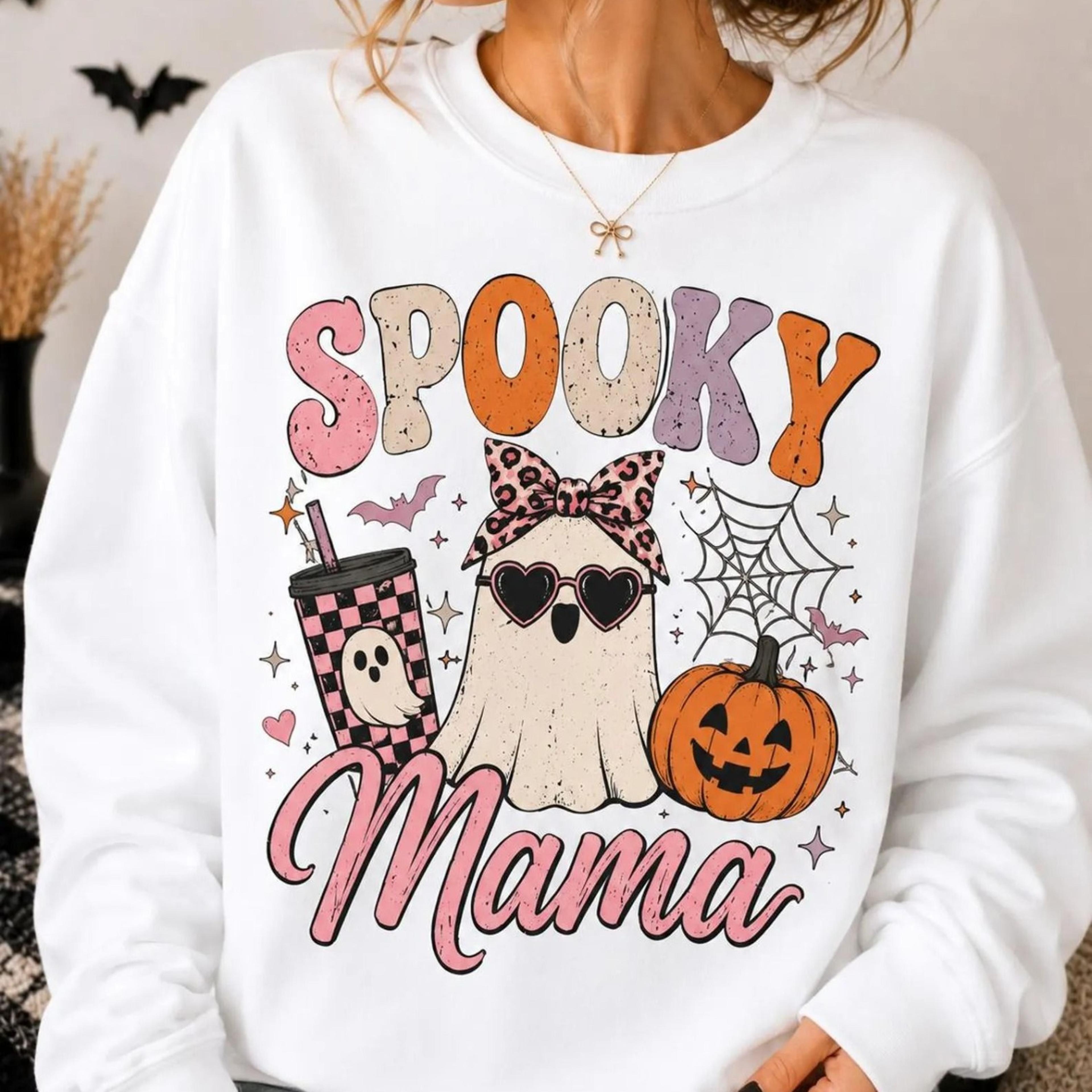 spooky mama sweatshirt, cute halloween ghost t-shirt, coquette halloween retro fall graphic