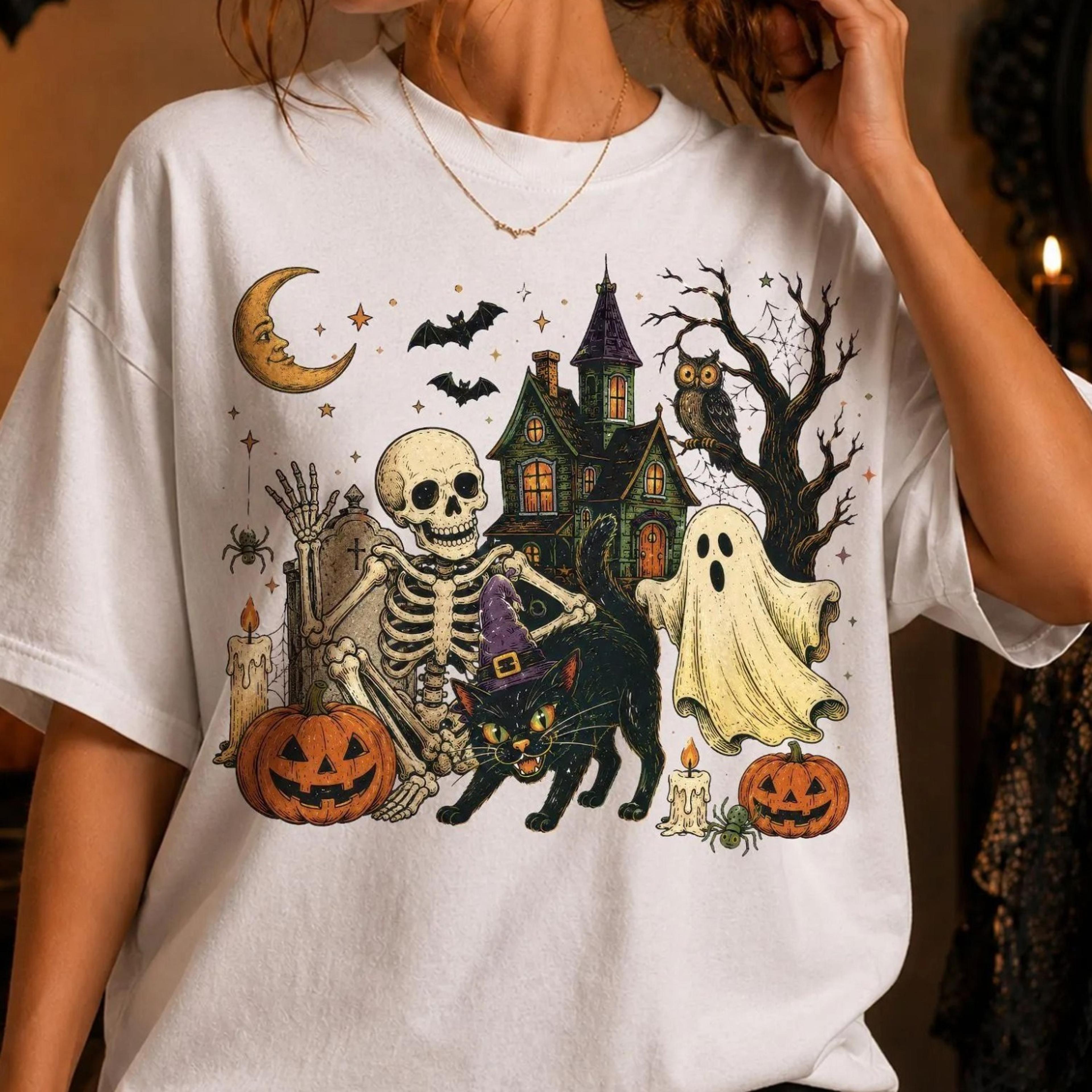 vintage halloween skeleton ghost shirt, haunted house black cat spooky season graphic tee