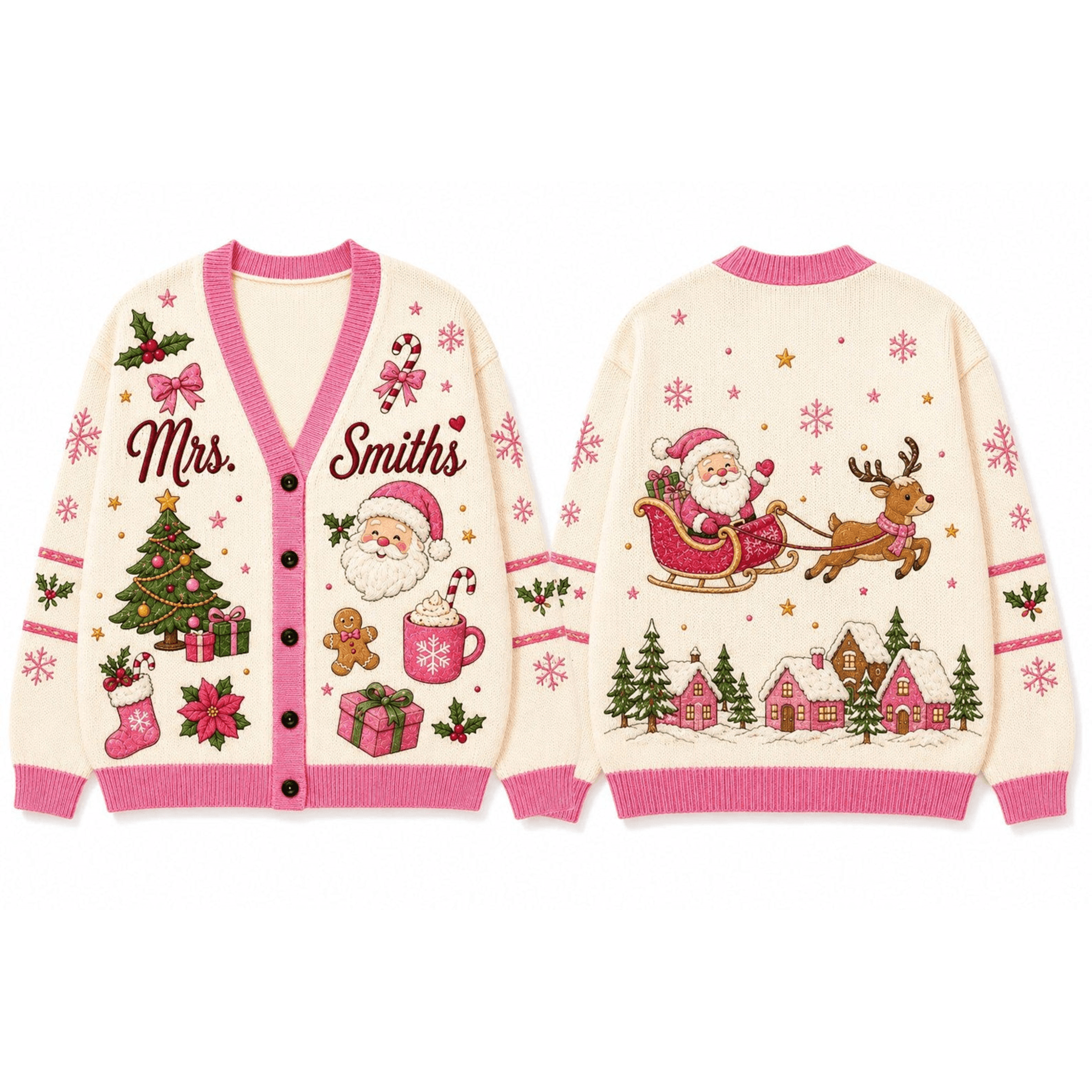 personalized christmas cardigan, pink santa sweater, custom name holiday cardigan, cute reindeer christmas gift