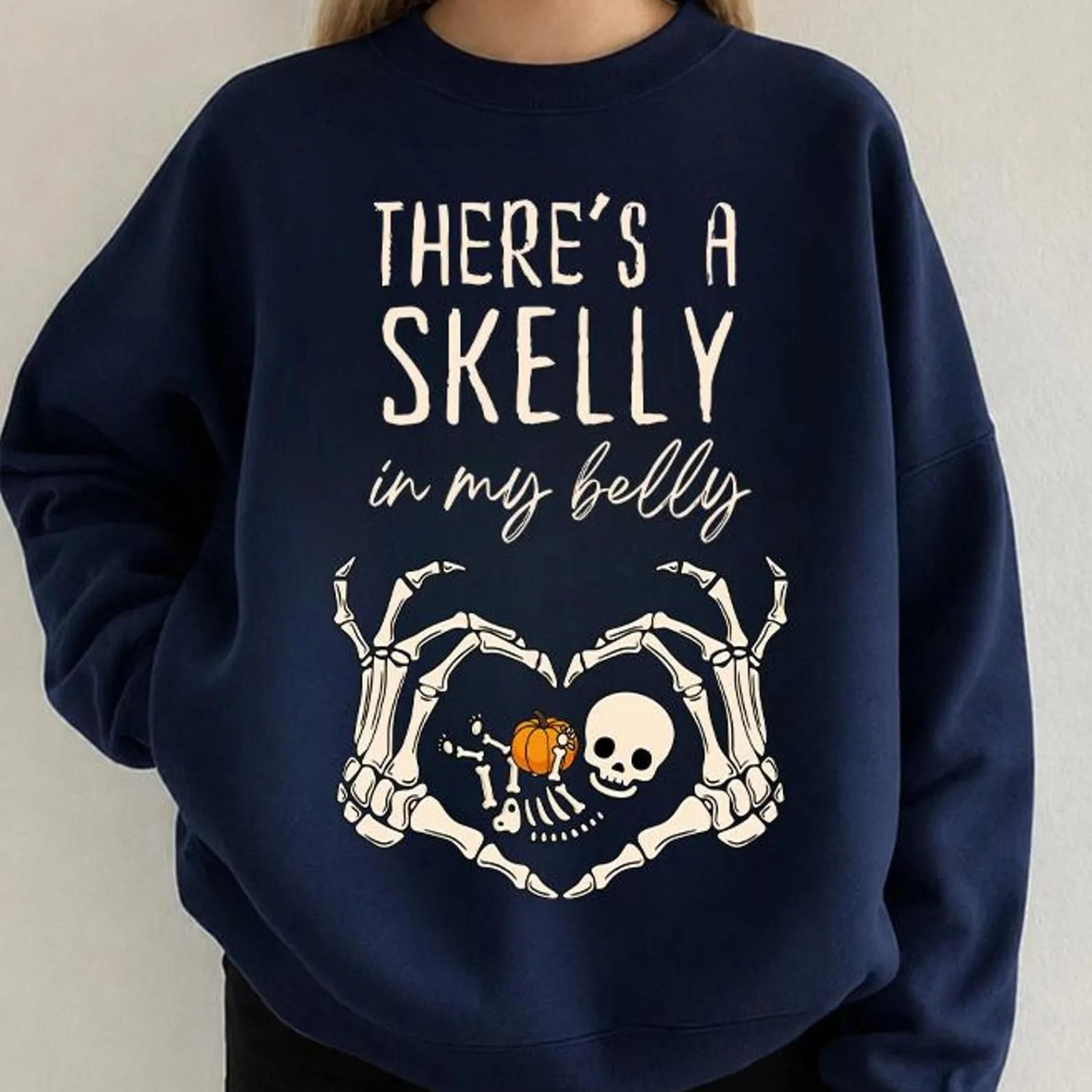 skeleton halloween maternity sweatshirt, there's a skelly in my belly sweatshirt, pregnancy announcement, spooky mama