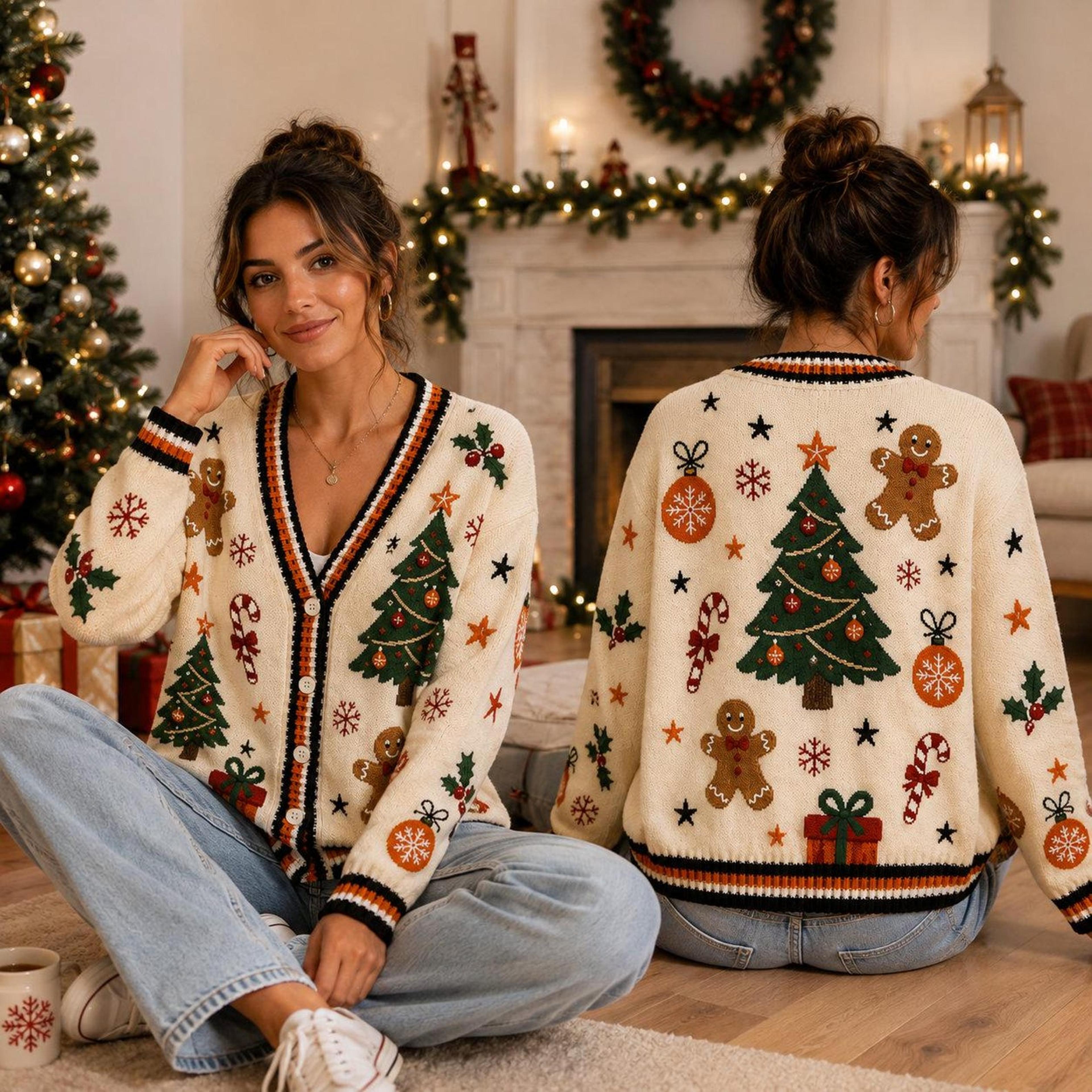 christmas gingerbread cardigan, festive christmas sweater, christmas tree holiday cardigan, candy cane winter gift