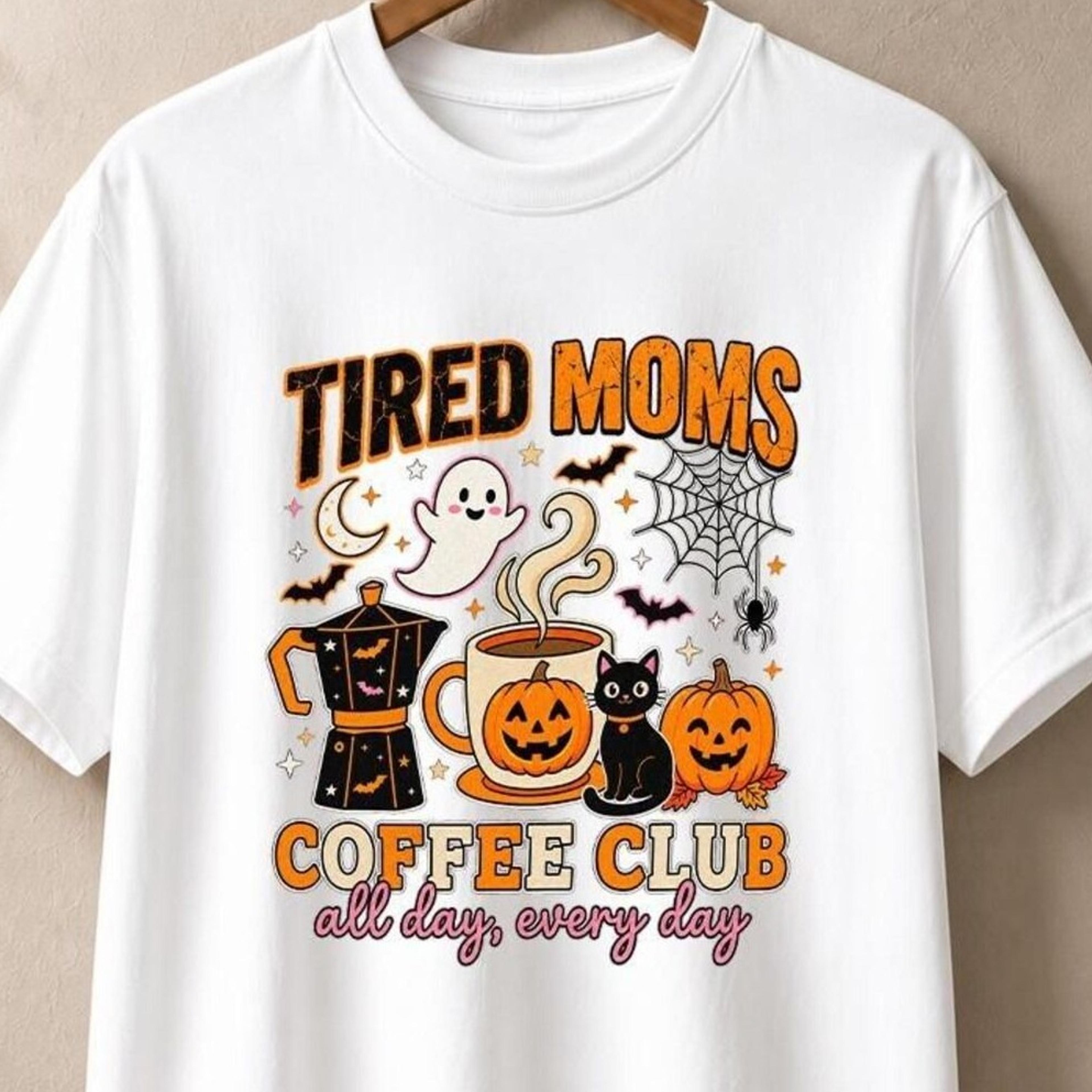 tired mom halloween shirt, spooky coffee club graphic tee, cute ghost & black cat t-shirt