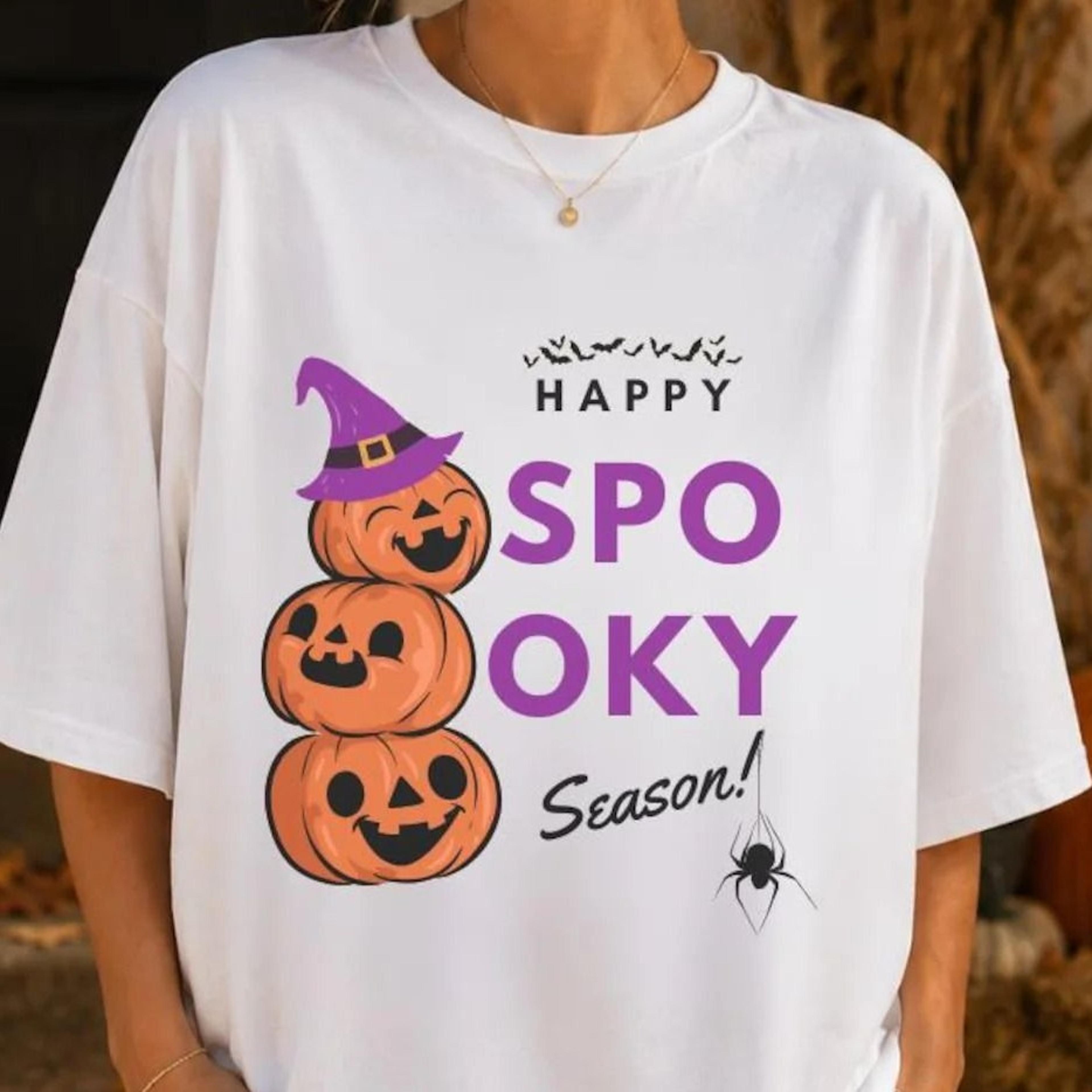 happy spooky season shirt, halloween graphic tee, jack o lantern graphic, striped halloween design tshirt, halloween