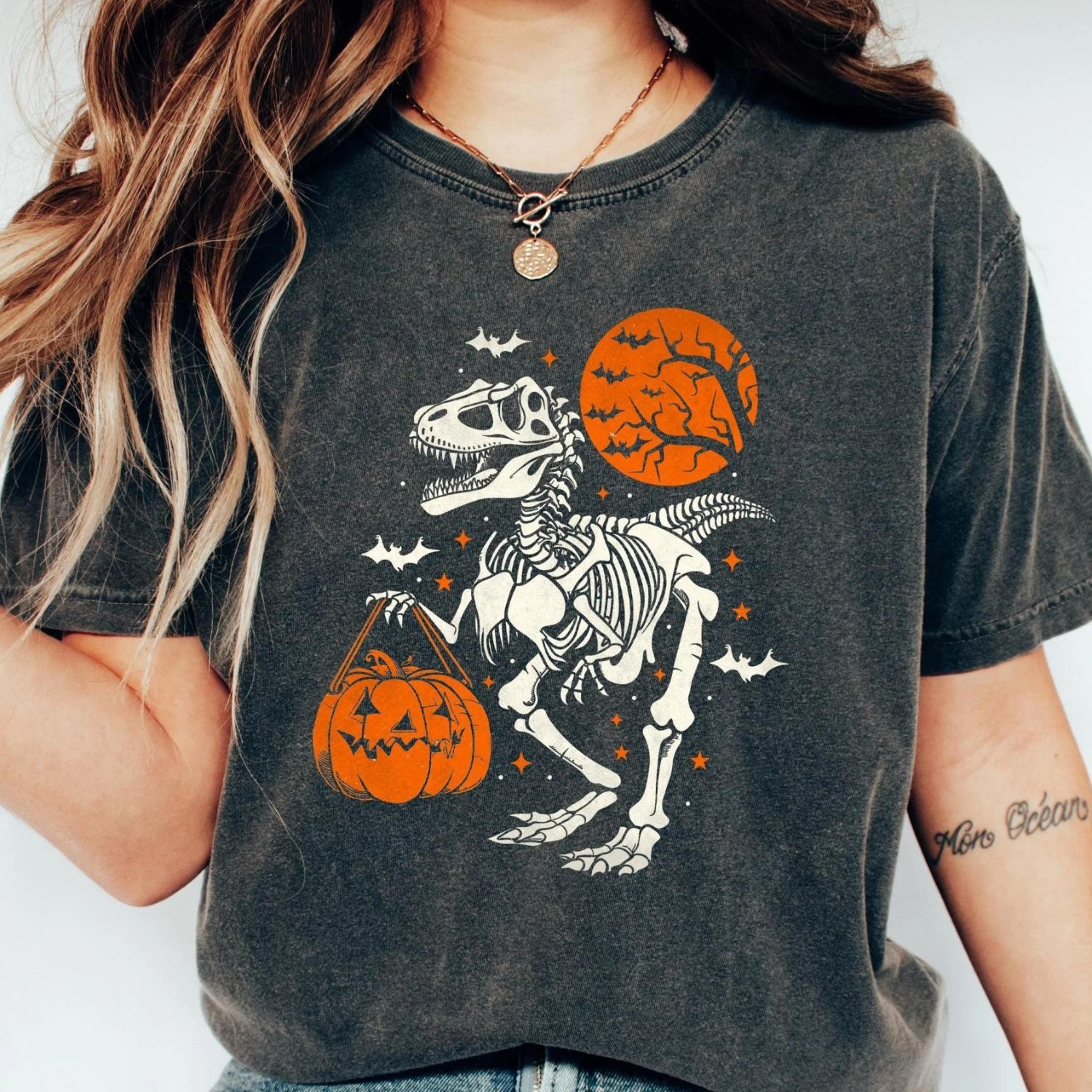dinosaur halloween sweatshirts, spooky trex shirt, dinosaur skeleton sweatshirt, halloween party shirt