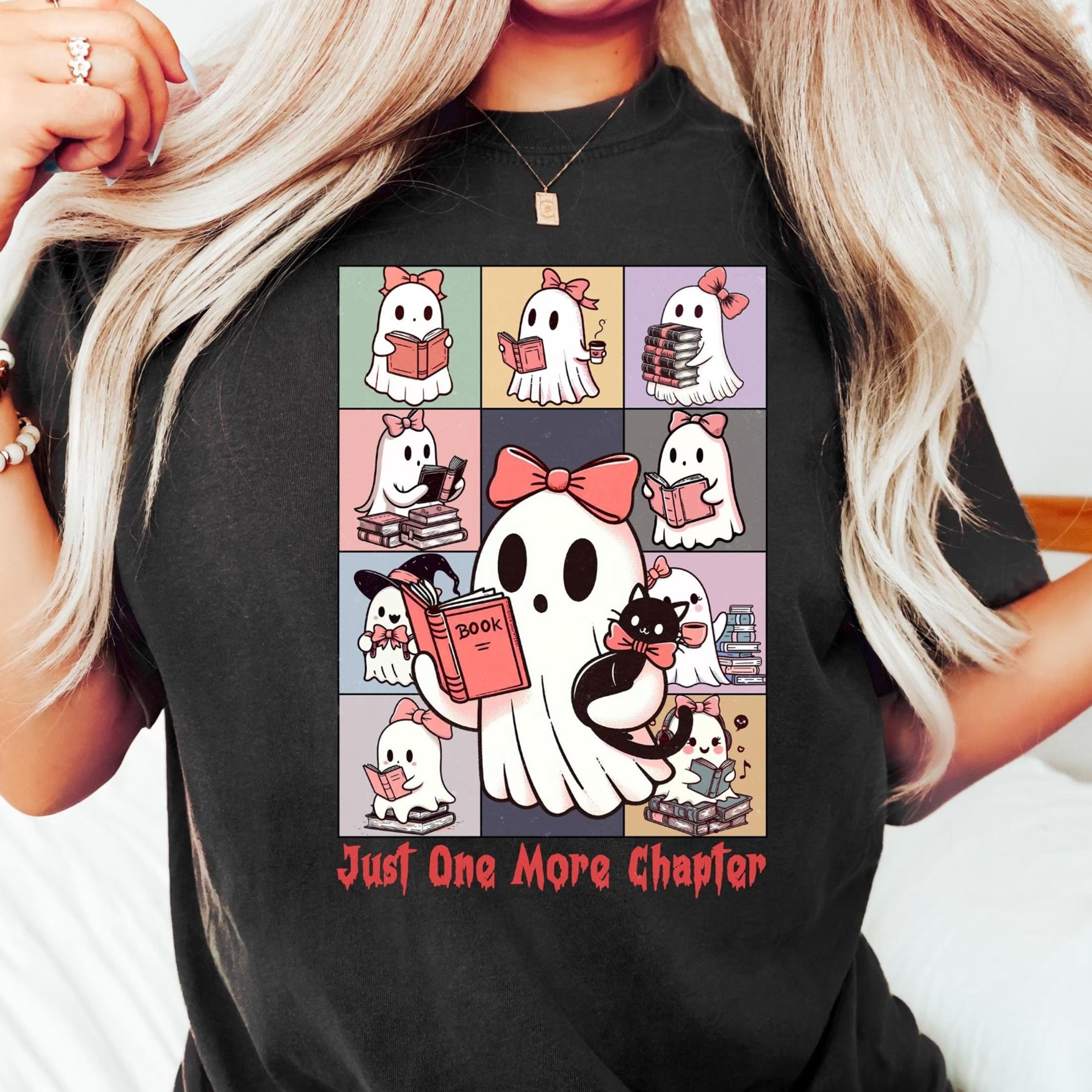 just one more chapter shirt, halloween shirt, halloween book lover, ghost reading book, spooky season, cute ghost shirt