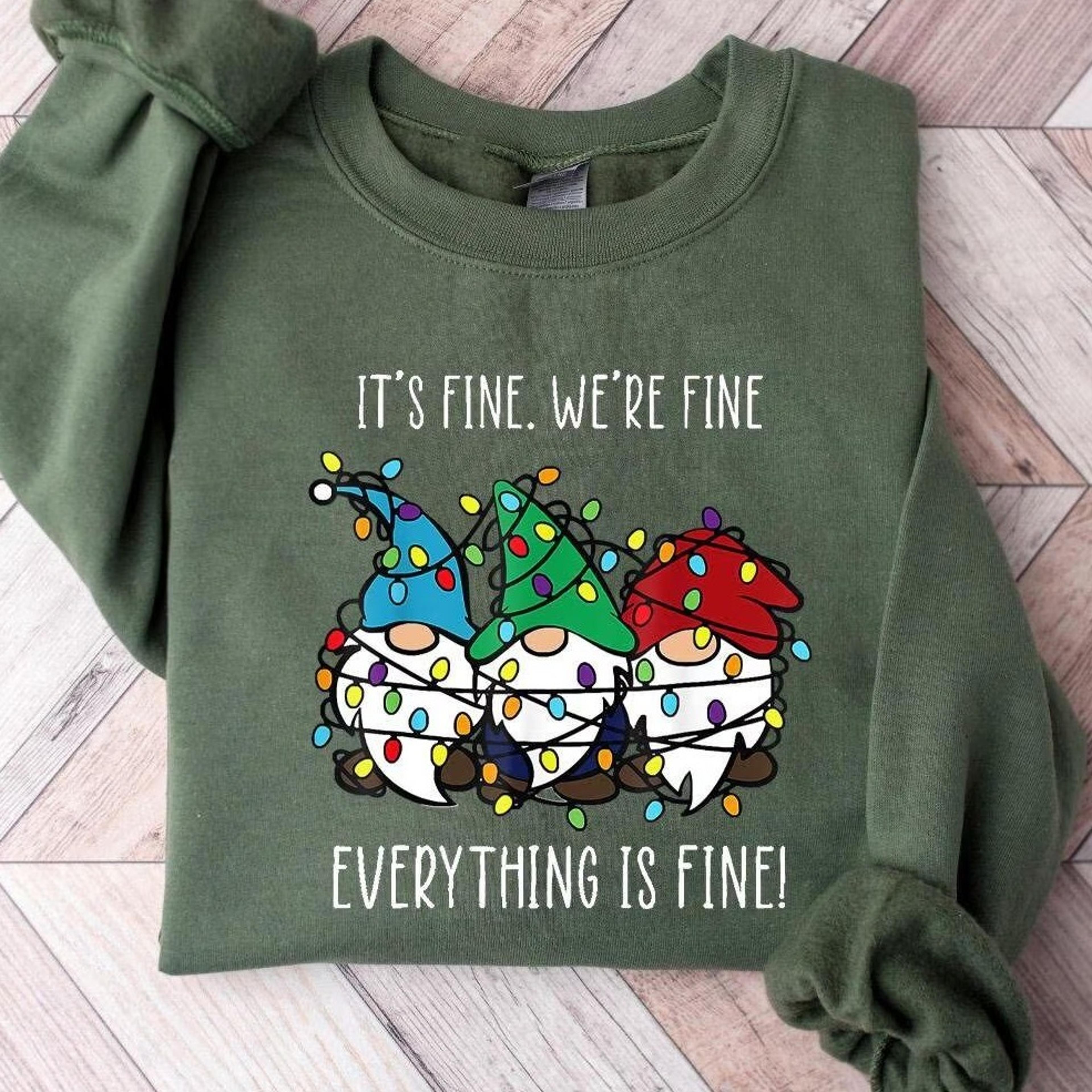 christmas gnomes sweatshirt, it's fine we're fine everything is fine christmas light sweater, funny gnome xmas shirt