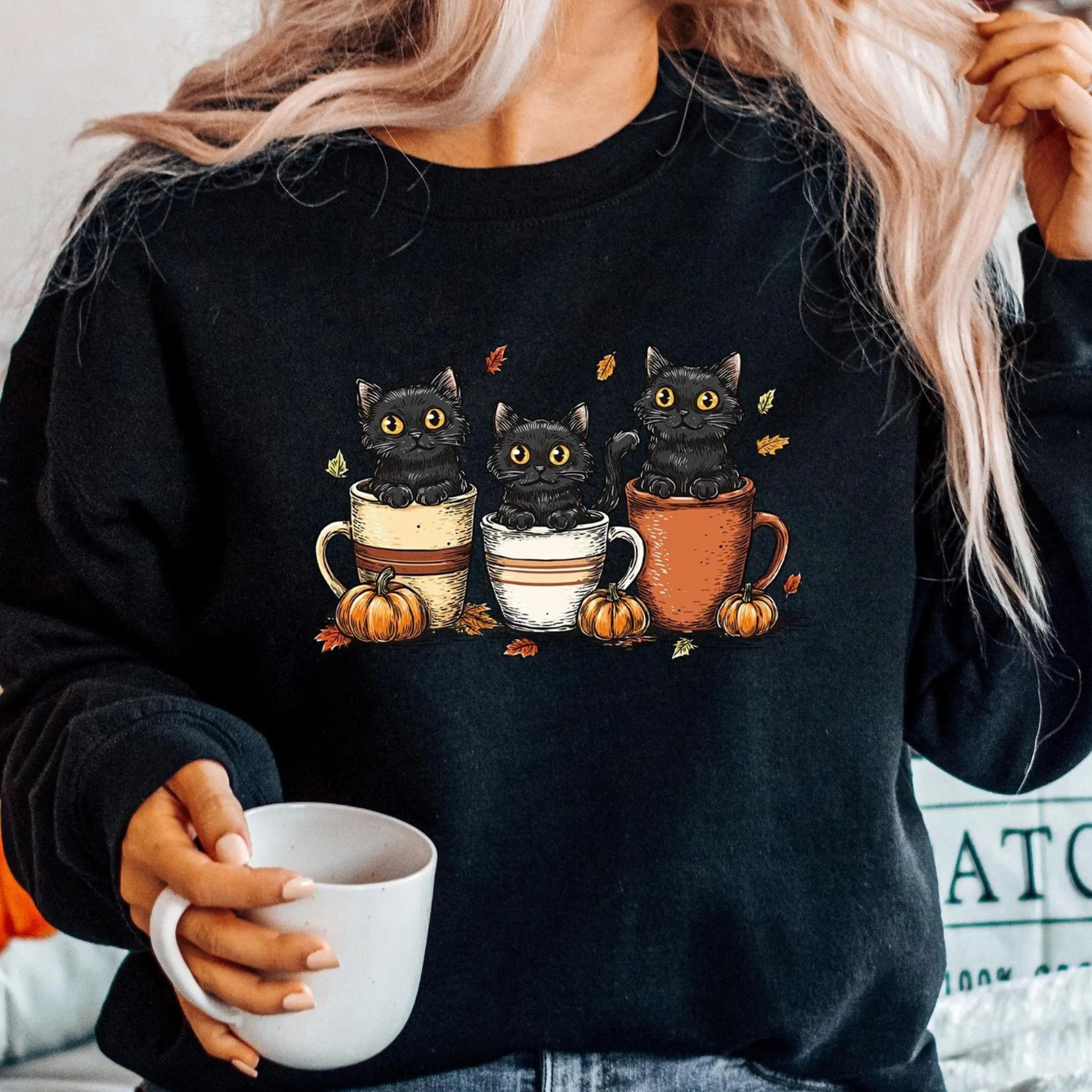 black cat pumpkin sweatshirt, ghots cat shirt, retro halloween t shirt, gothic halloween cat mama shirt