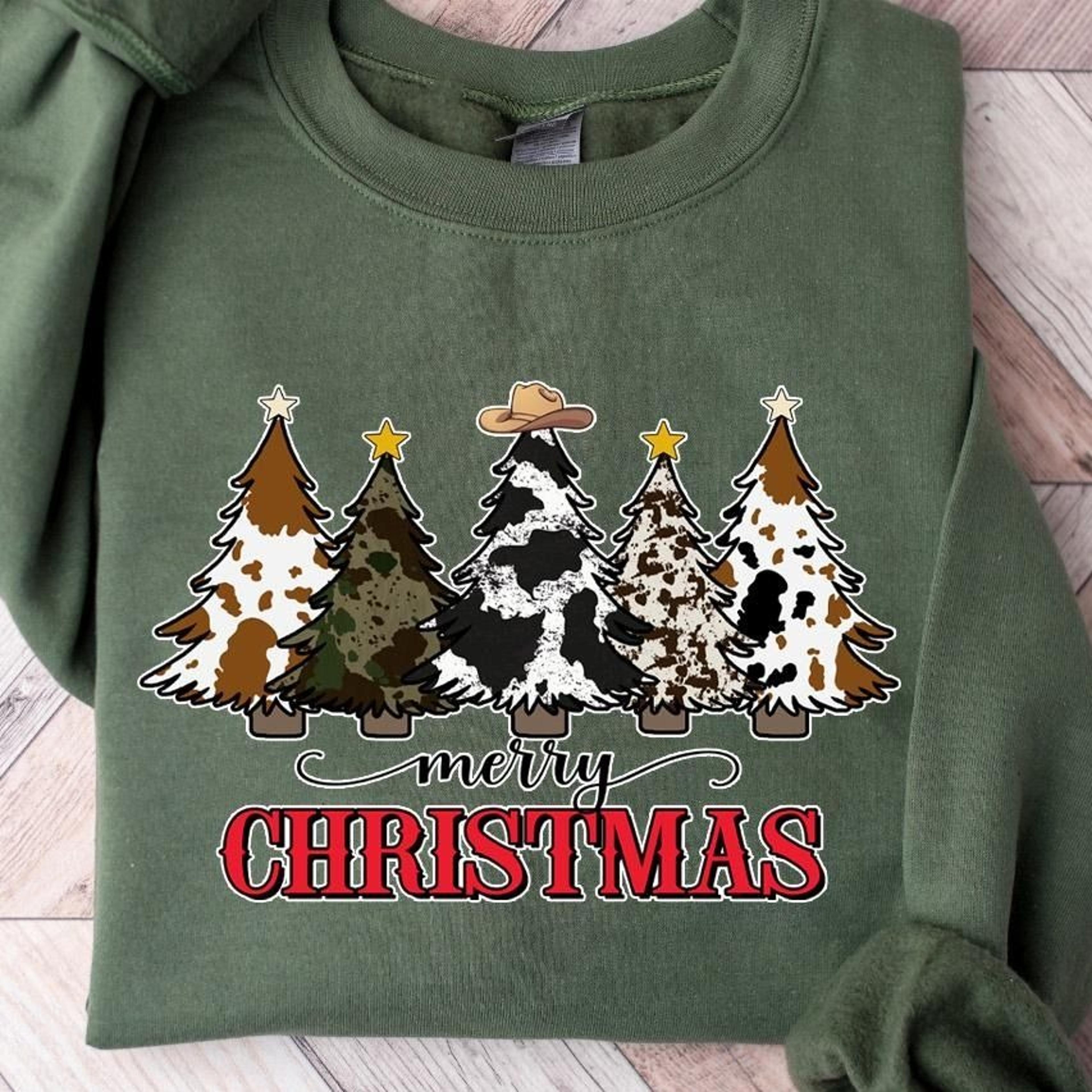 country christmas sweatshirt, western christmas sweatshirt, howdy christmas sweater, cow print christmas tree shirts