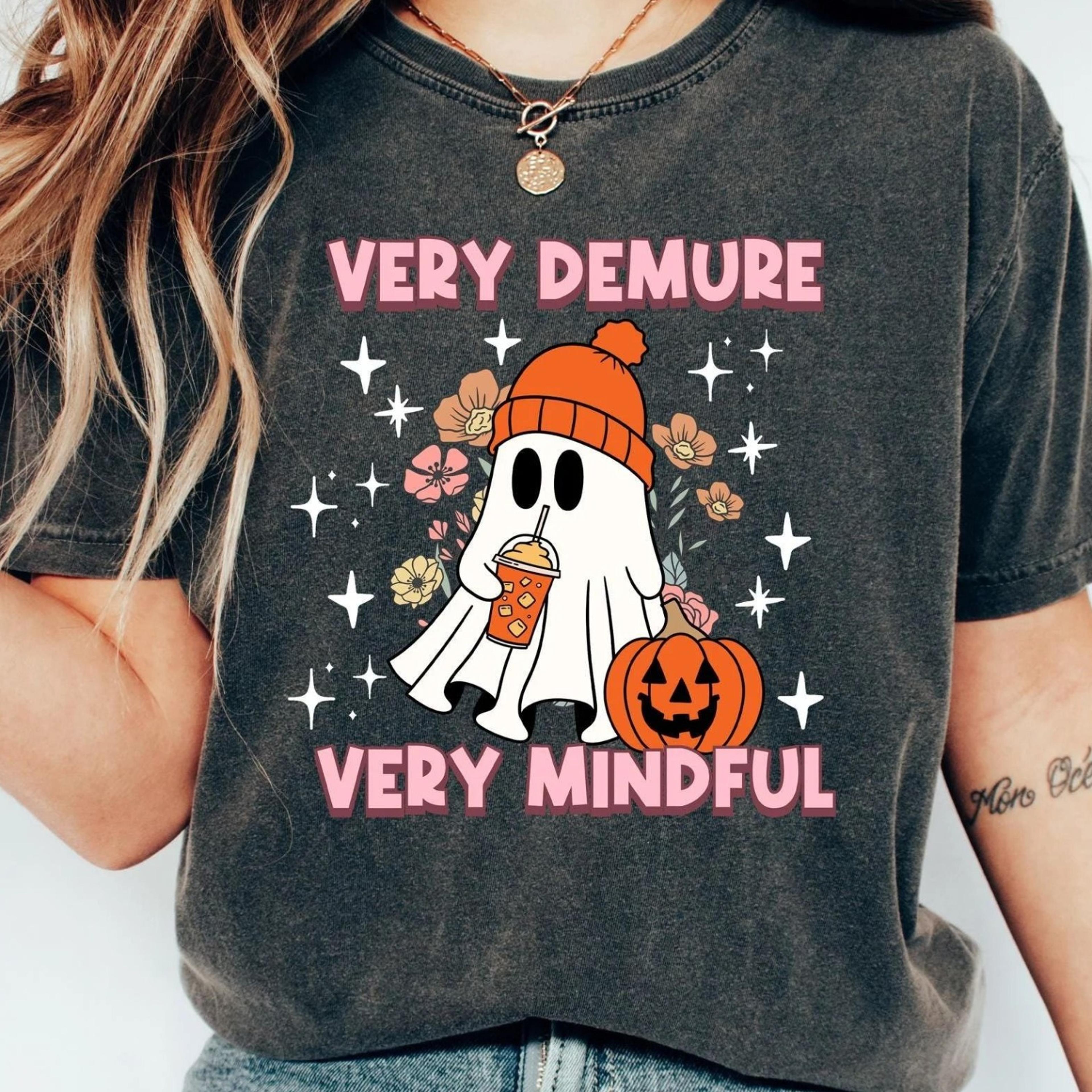 very demure very mindful ghost shirt, cute ghost drinking coffee shirt