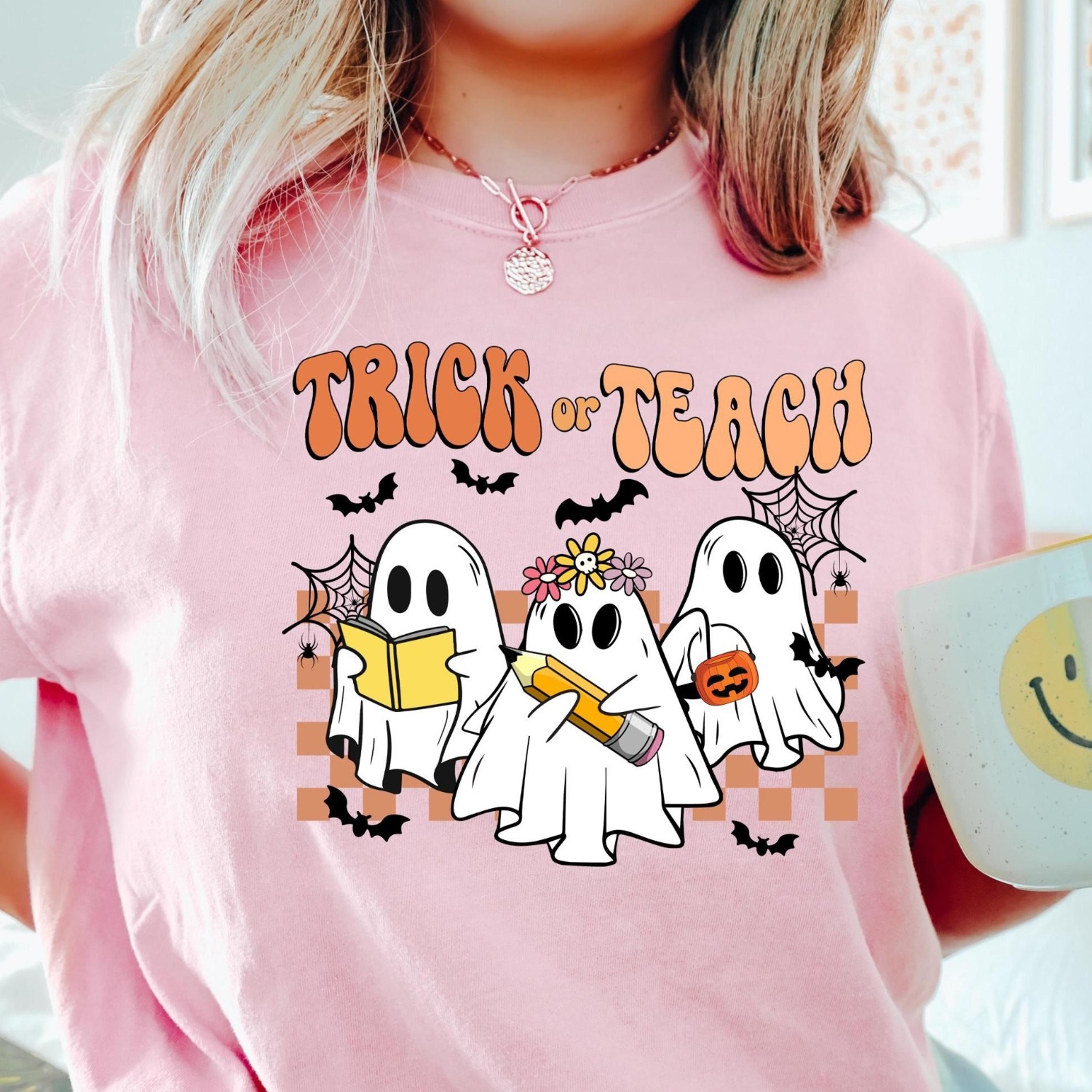 trick or teach shirt, halloween teacher shirt, teacher sweatshirt, retro teacher halloween shirt