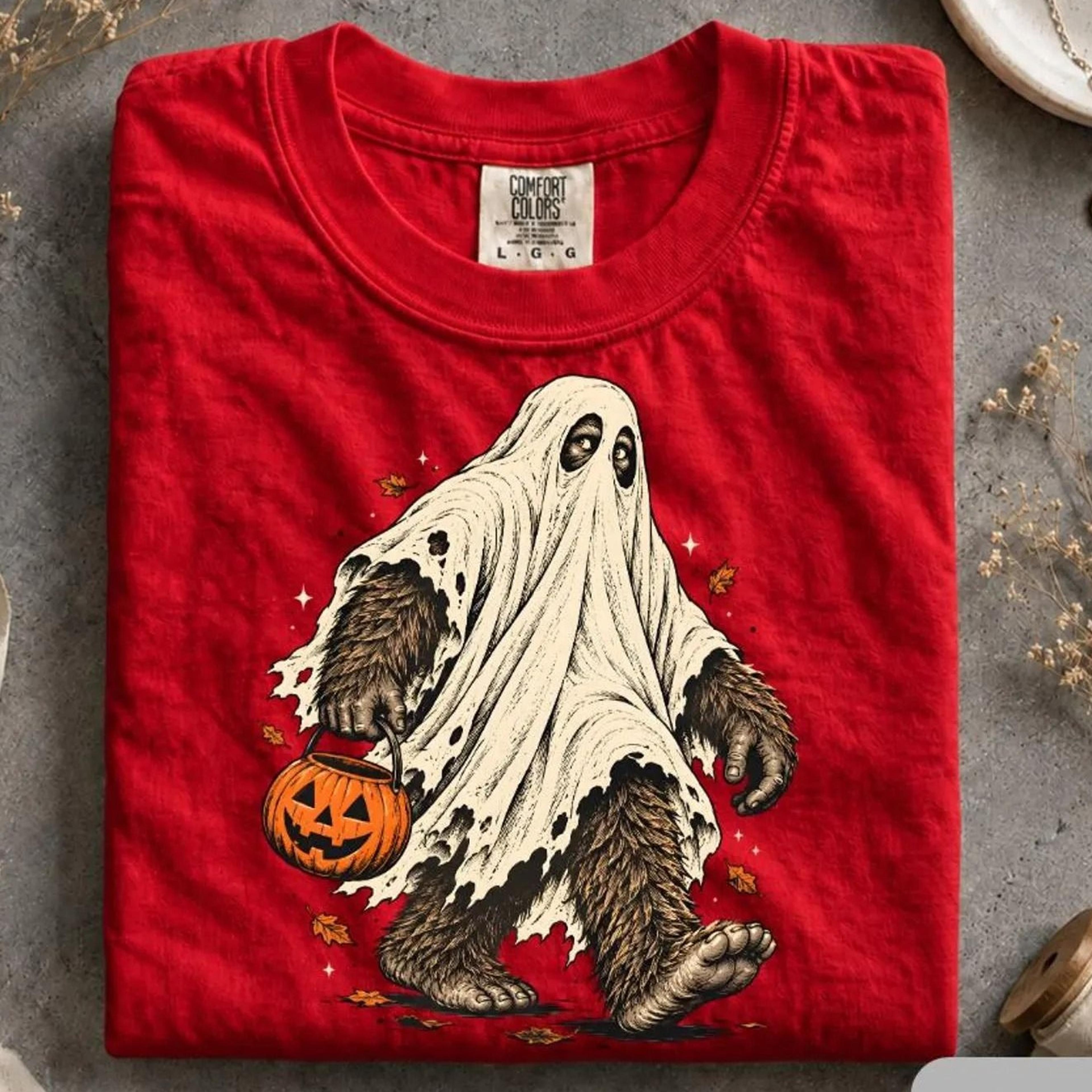 bigfoot ghost shirt, halloween sasquatch tee, spooky cryptid t shirt, pumpkin bucket bigfoot, funny halloween