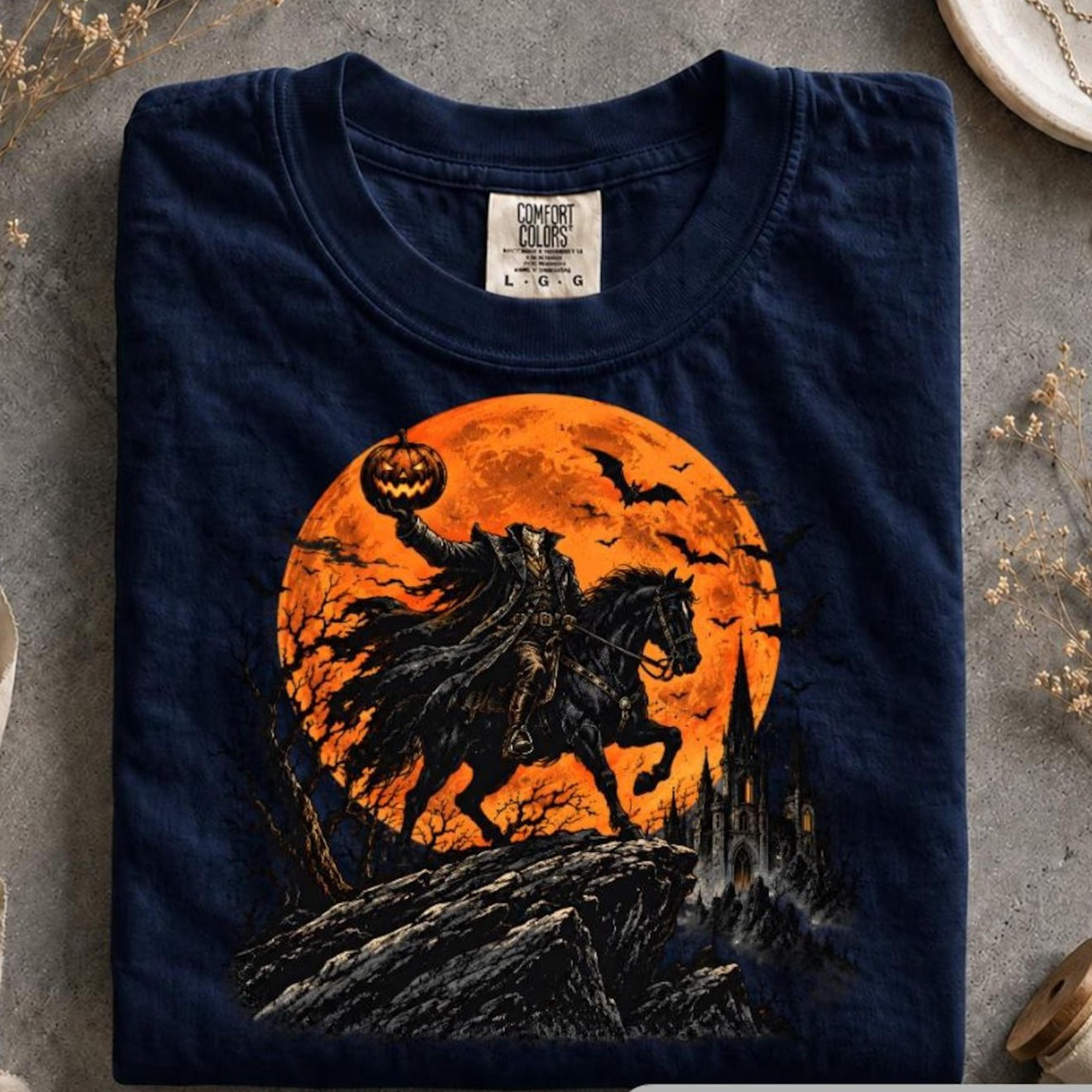 headless horseman shirt, pumpkin knight halloween tee, spooky horse graphic shirt, halloween