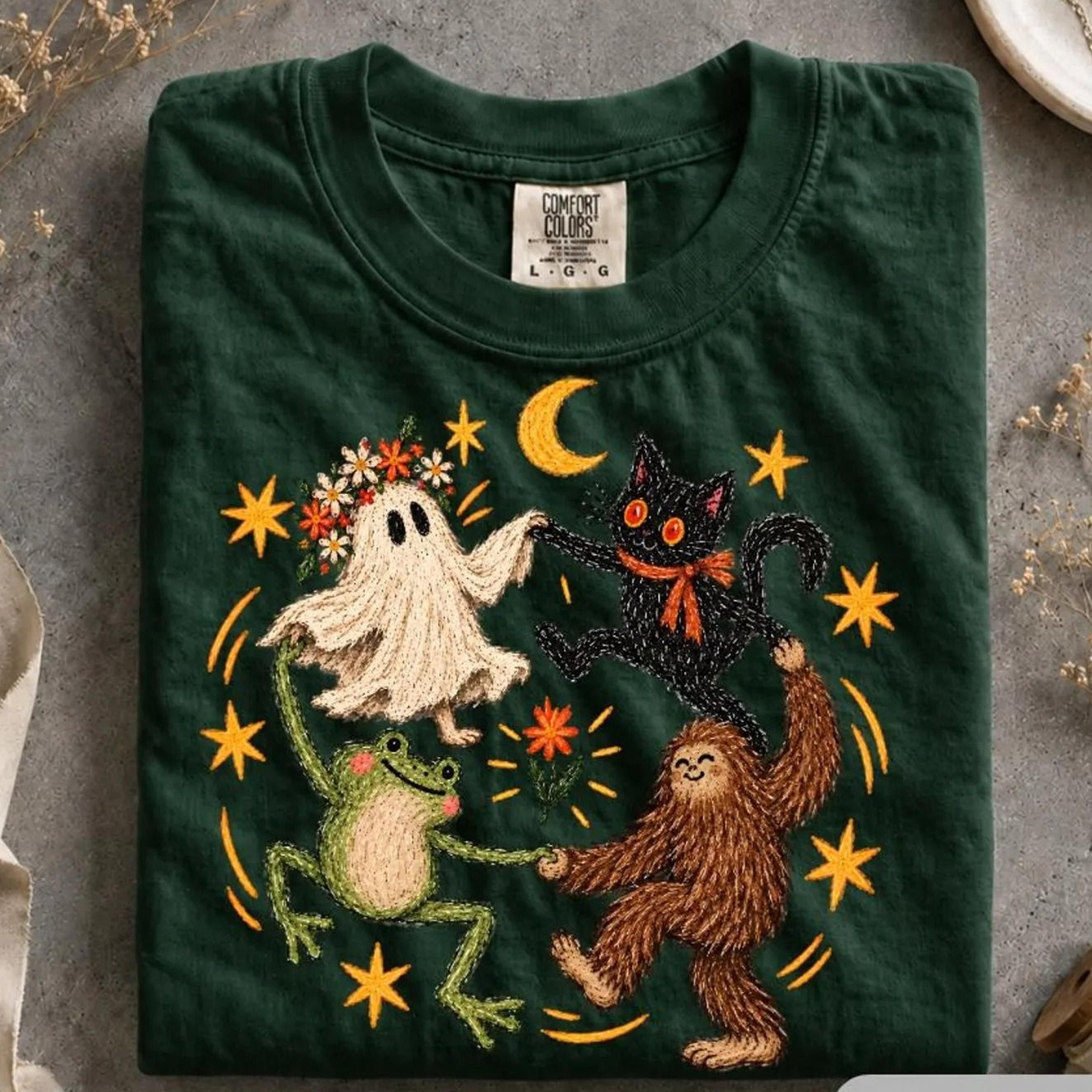 halloween frog tee, black cat halloween shirt, retro spooky season graphic tee, ghost bigfoot vintage halloween shirt