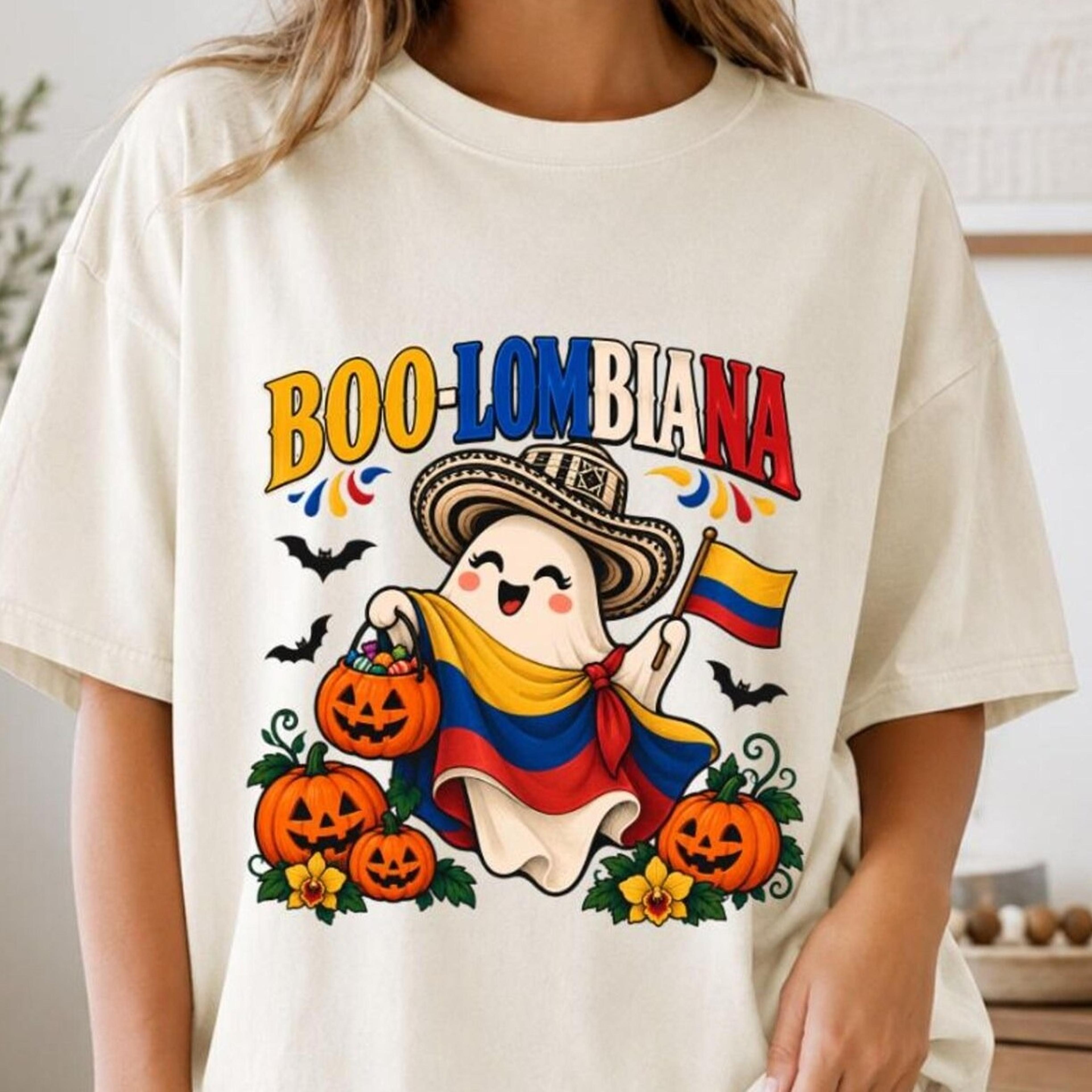 boo-lombiana shirt, colombian halloween tee, colombia ghost shirt, colombian flag halloween tee, spooky latina heritage