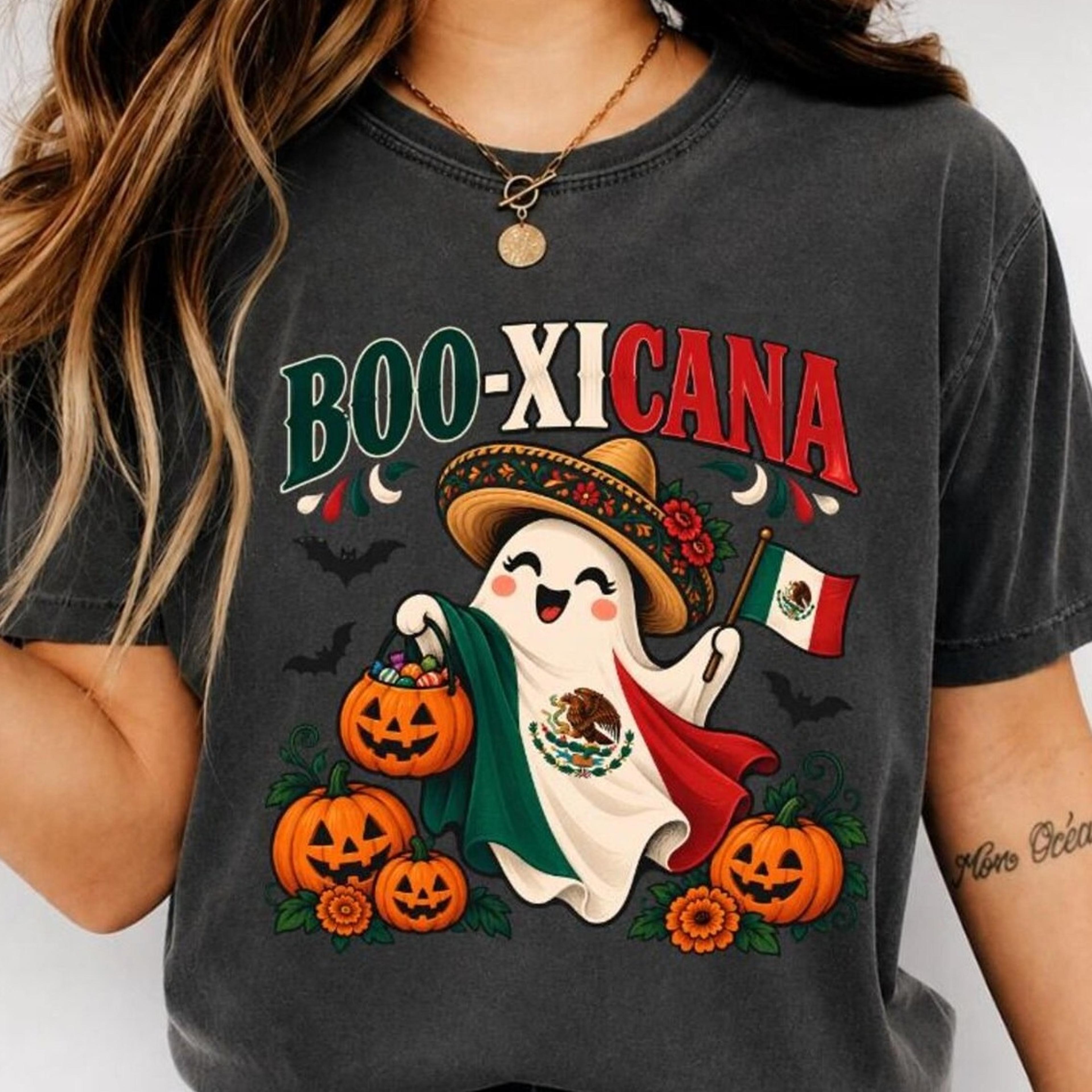 boo-xicana shirt, mexican halloween tee, chicana ghost shirt, mexico flag halloween tee