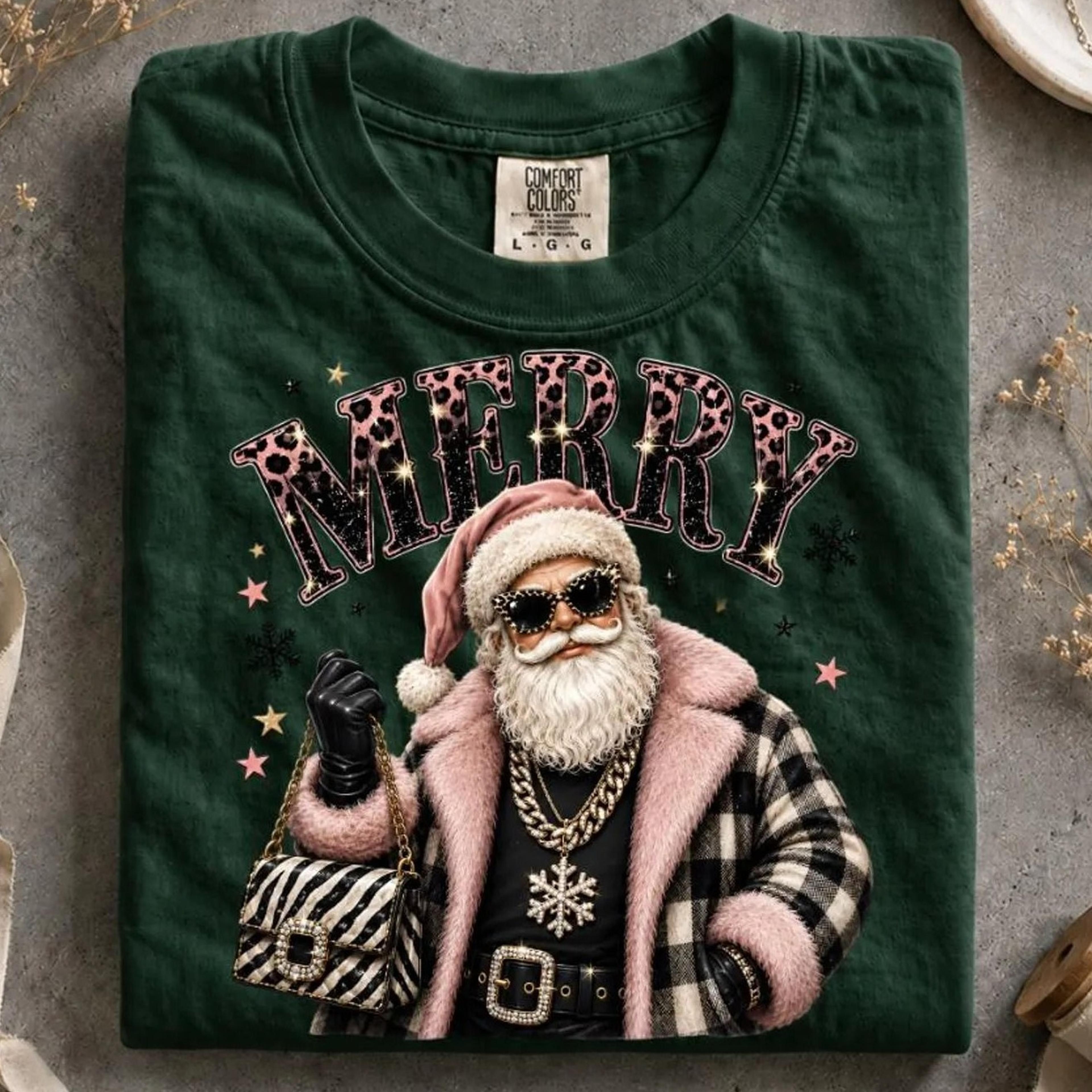 trendy santa shirt, girly christmas tee, glam santa graphic shirt, pink leopard holiday tee