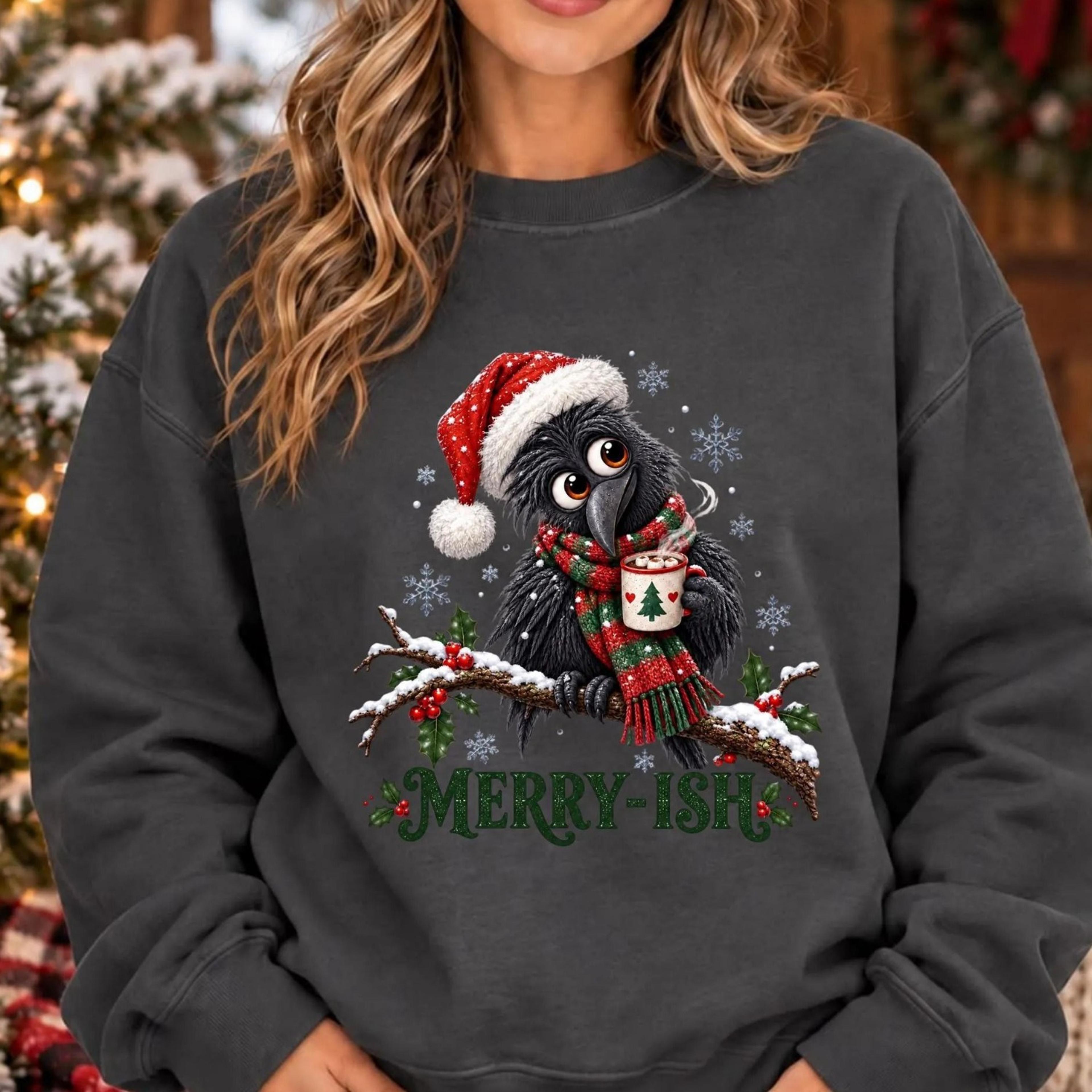 merry-ish christmas crow sweatshirt, funny holiday crewneck