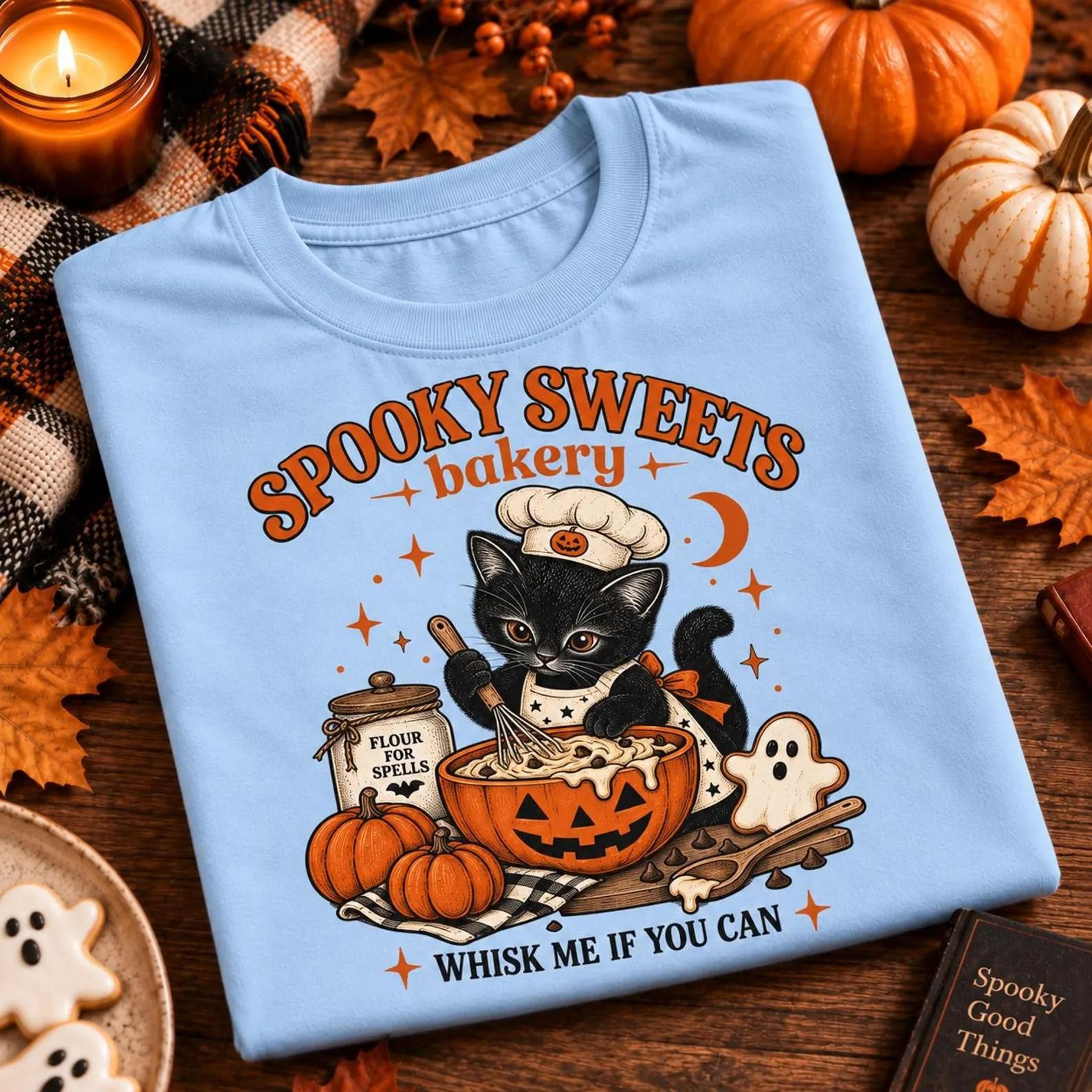 spooky sweets halloween cat shirt, black cat baker tee, cute pumpkin baking graphic, witchy halloween outfit