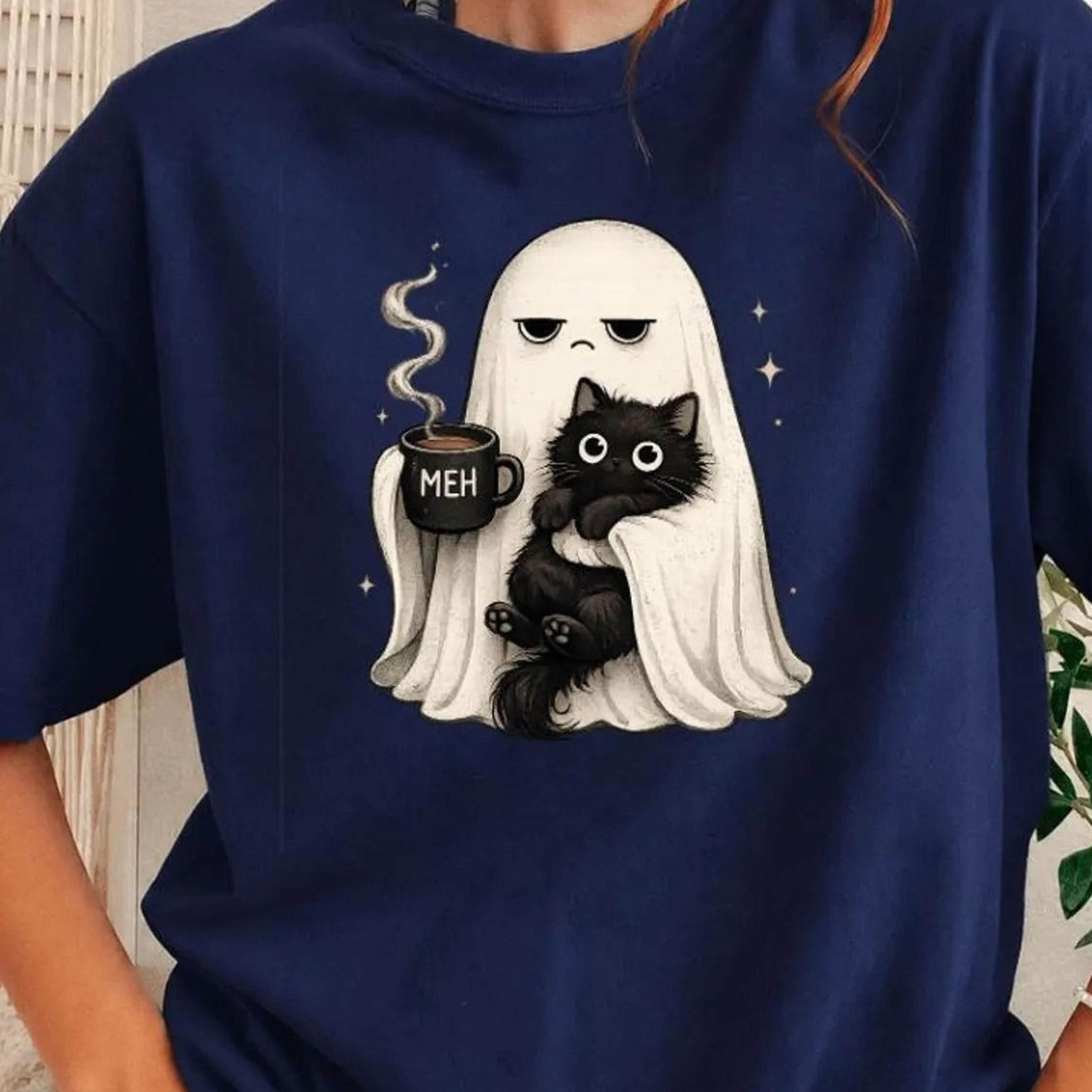 funny halloween coffee lover, ghost cat spooky black cat t-shirt, cute cat mom gift, retro graphic tee