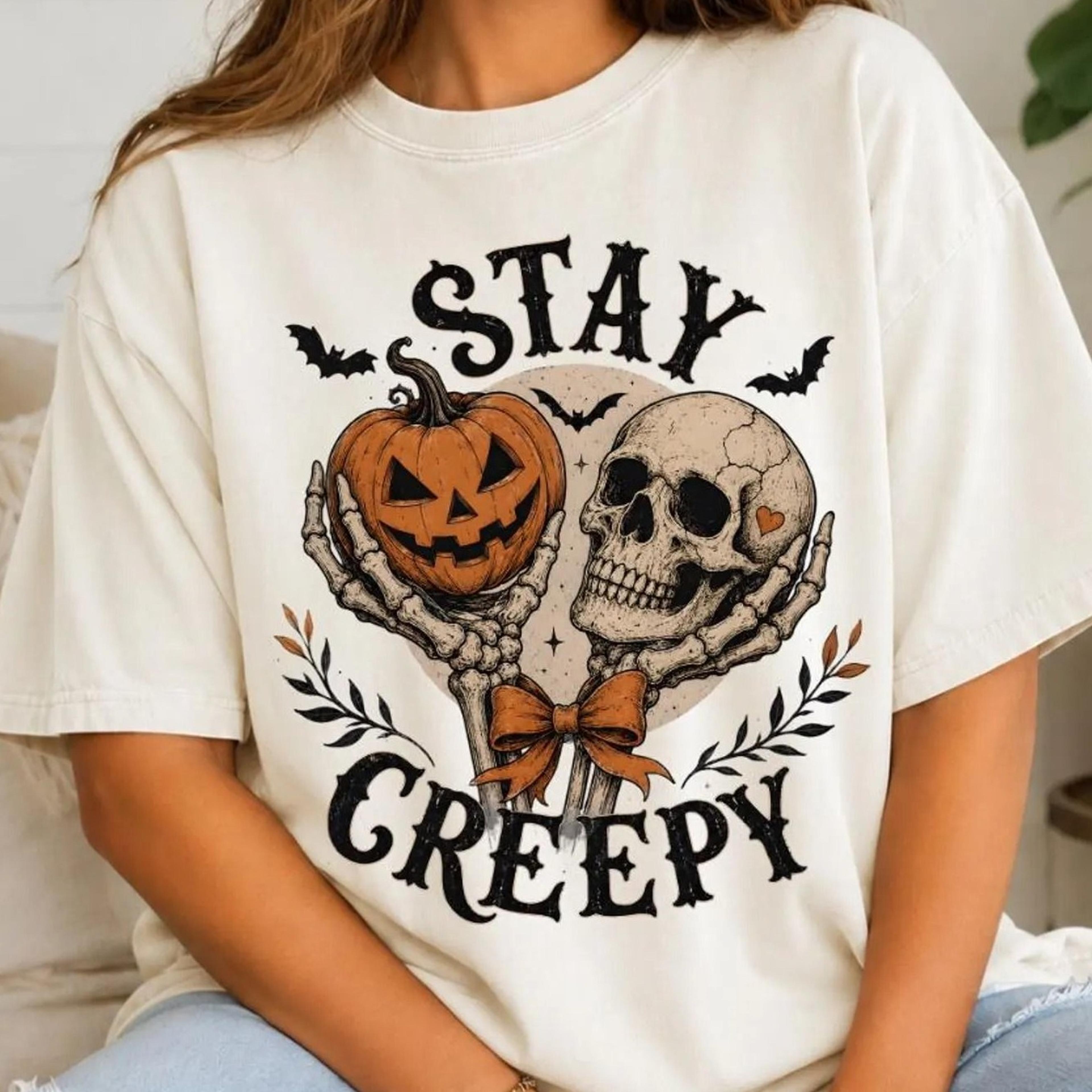 stay creepy shirt, skull pumpkin shirt, creepy pumpkin tee, skeleton head graphic shirt, vintage halloween tee