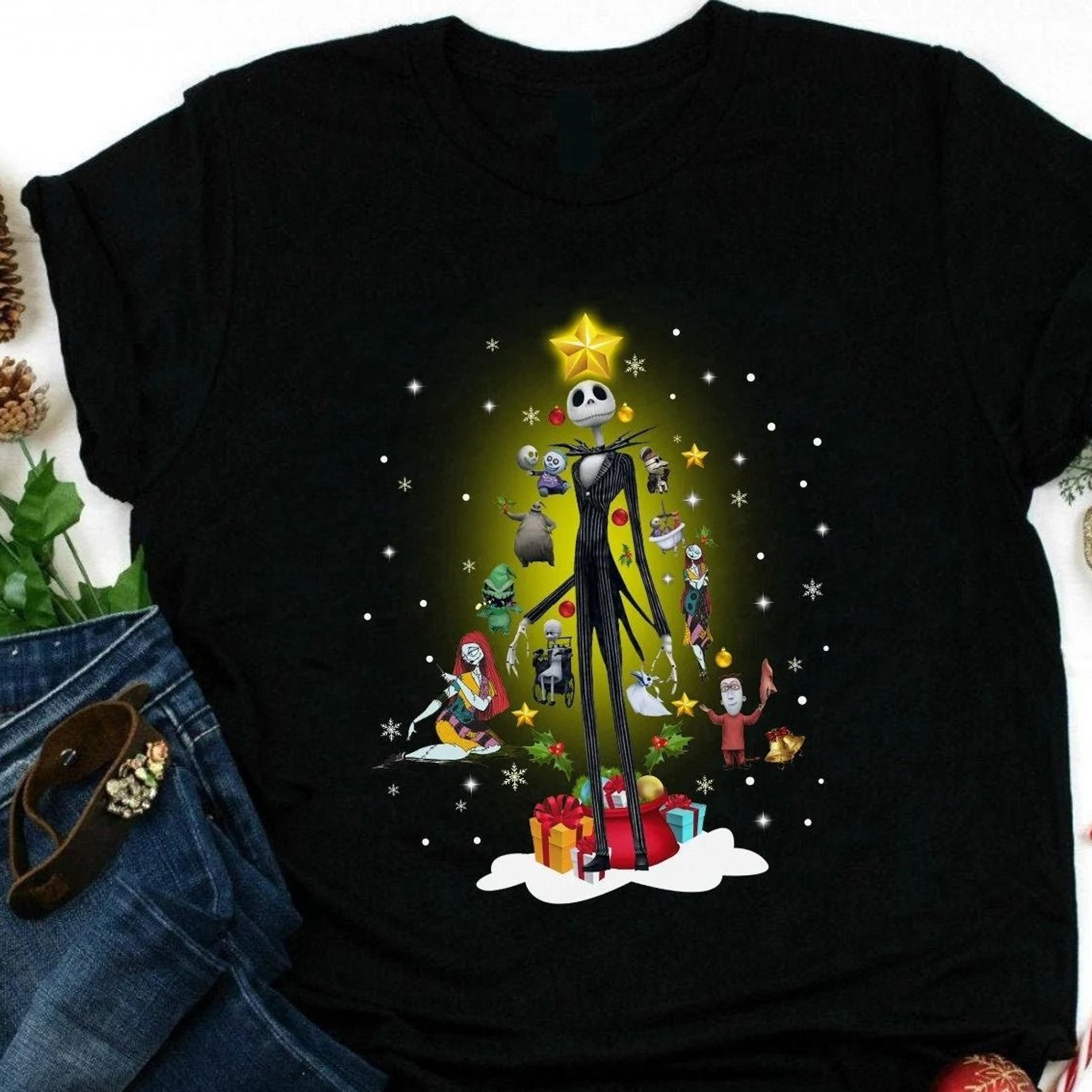 jack skellington christmas tree shirt, the nightmare before christmas shirt, jack and sally, christmas gifts