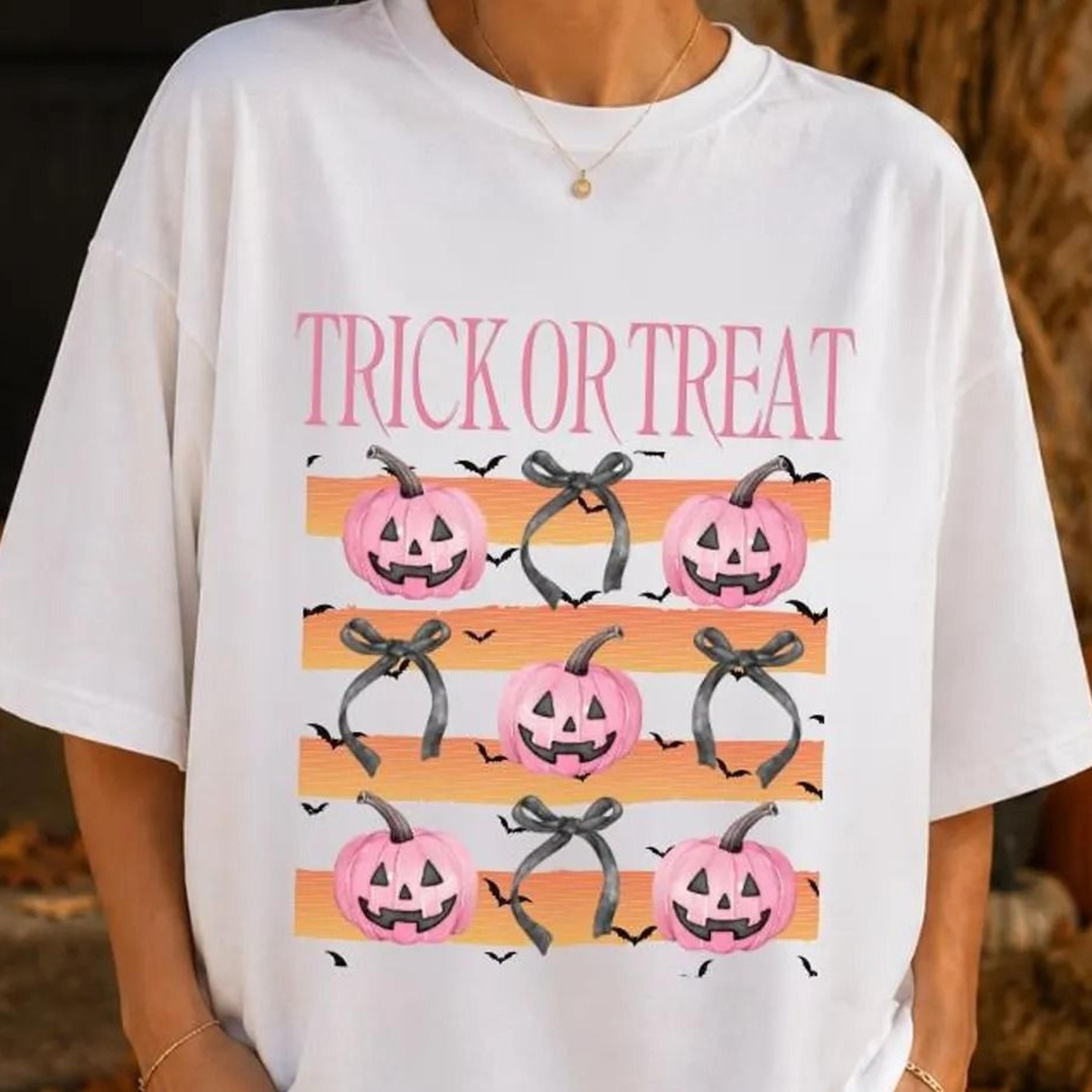 coquette halloween shirt, pink pumpkin shirt, trick or treat tee, pumpkin bow shirt, cute spooky season shirt