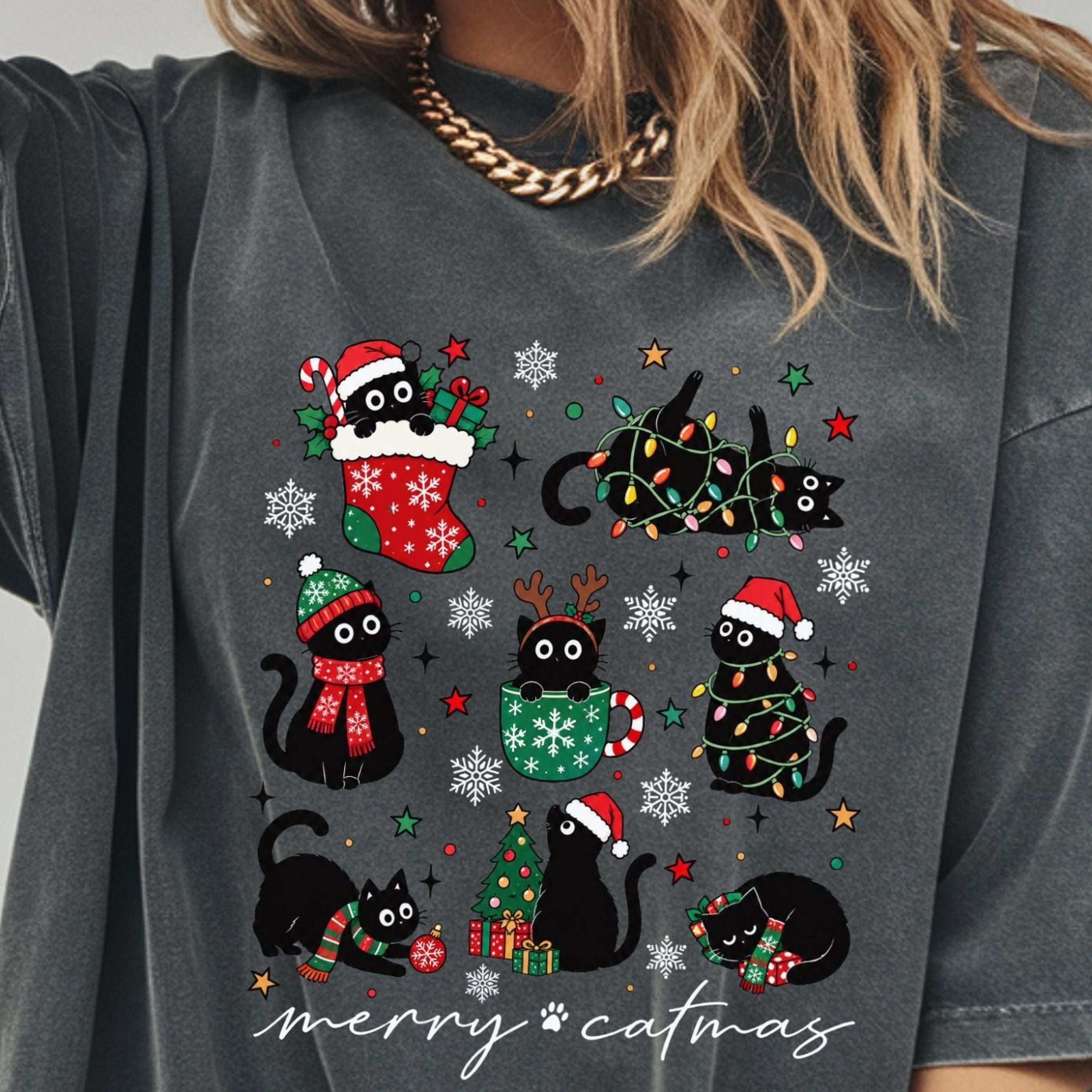merry christmas, festive cat lover holiday shirt, retro feline graphic tshirt