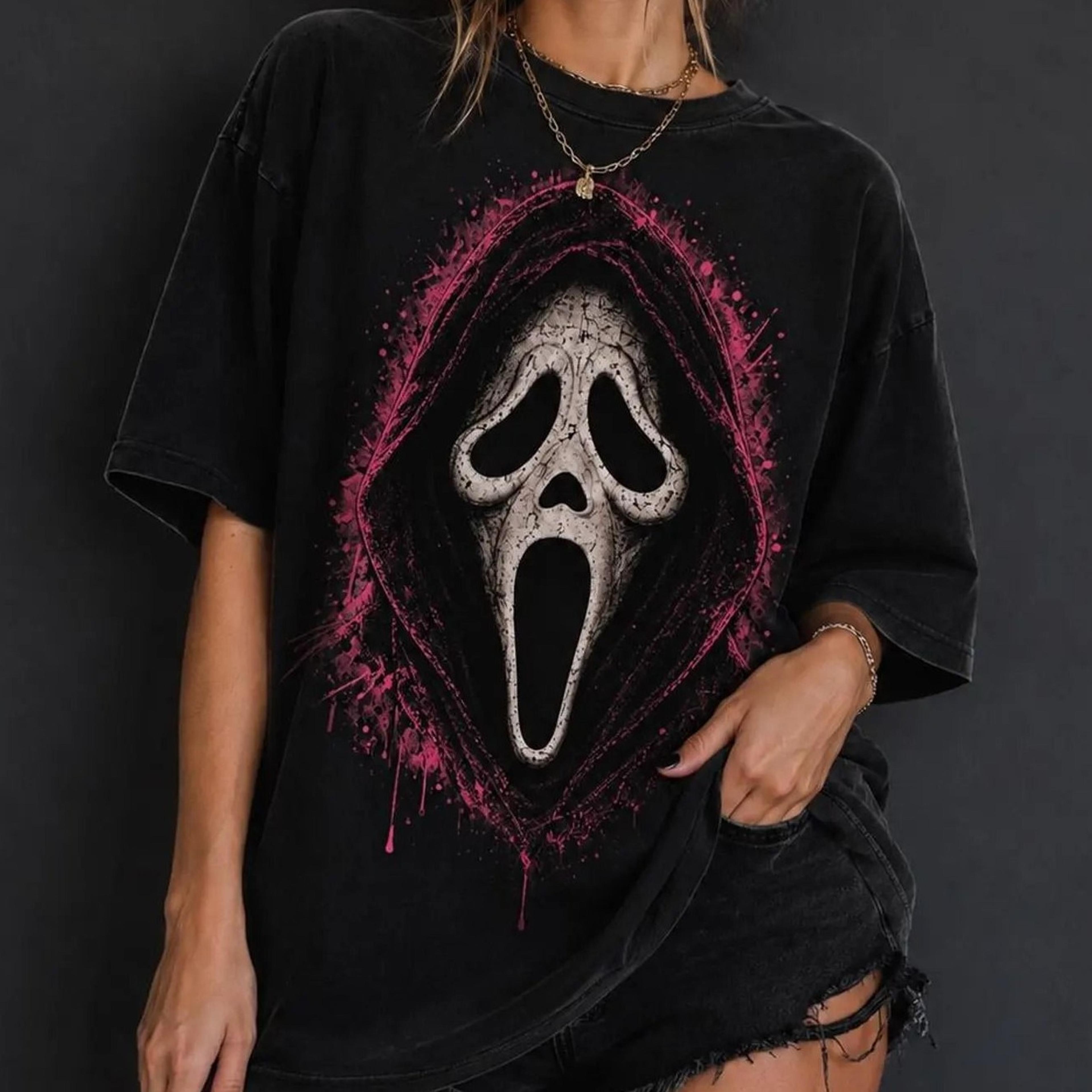 ghostface halloween shirt, horror graphic tee, gothic pink skull shirt