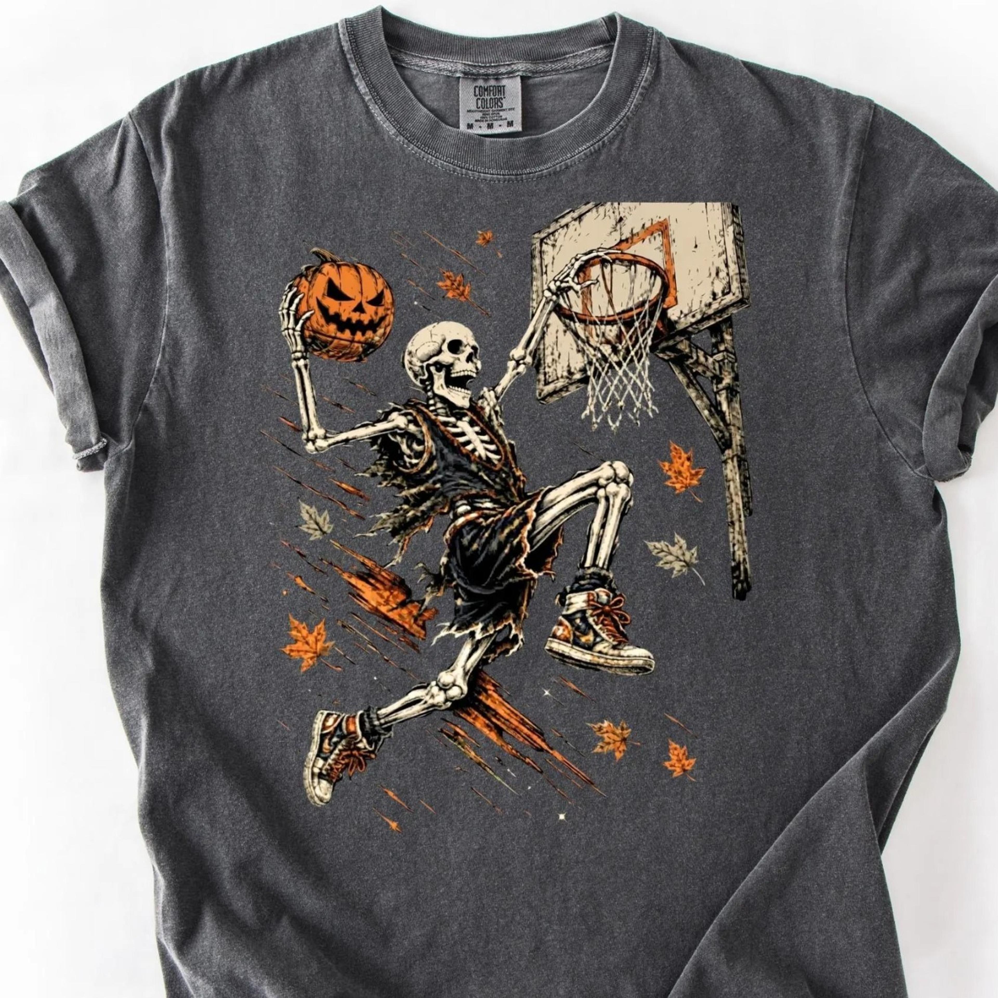 halloween basketball skeleton shirt, dunking skeleton pumpkin shirt, spooky streetwear graphic tee