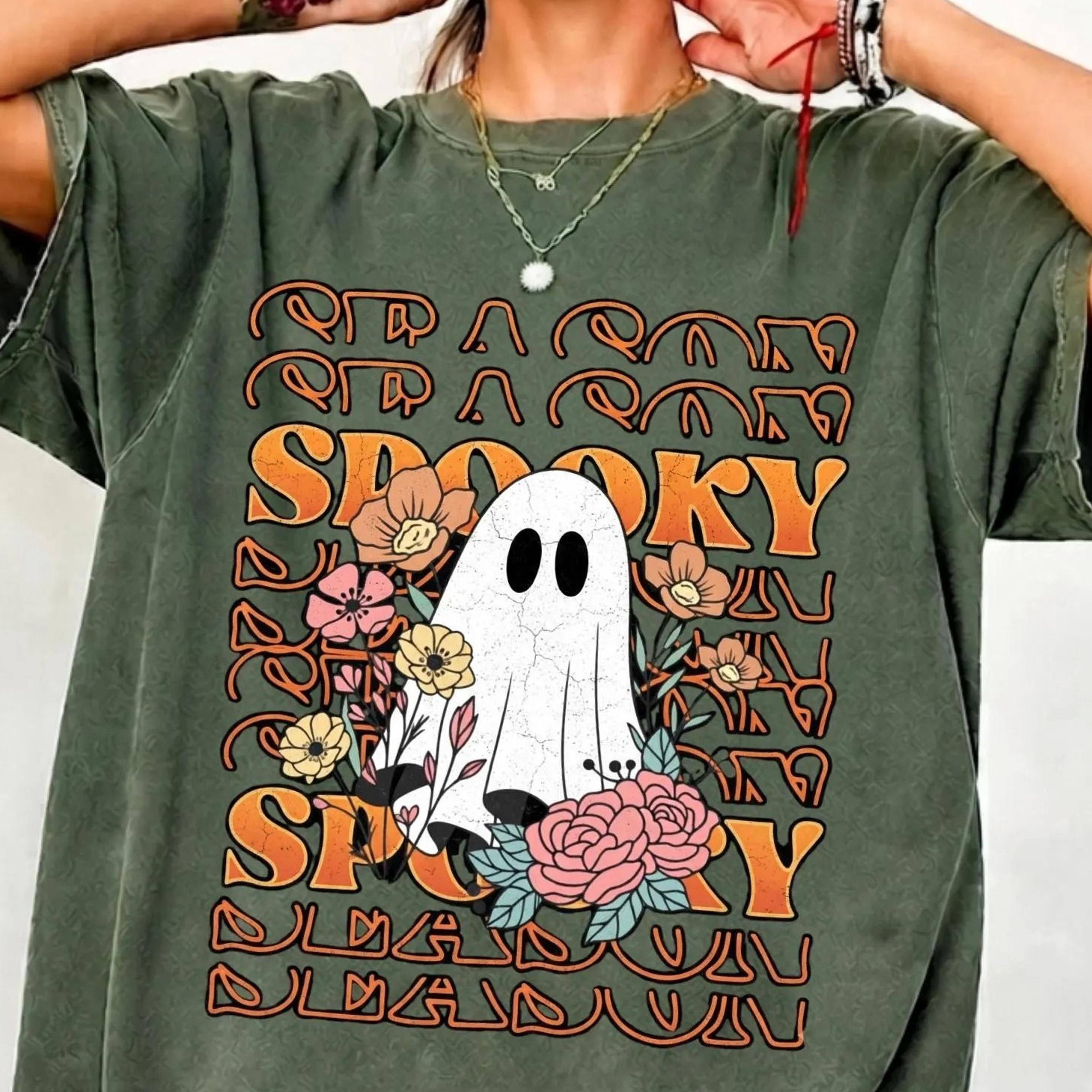 spooky season ghost shirt, retro floral ghost halloween t-shirt, groovy fall boho spooky tee, cute halloween gift