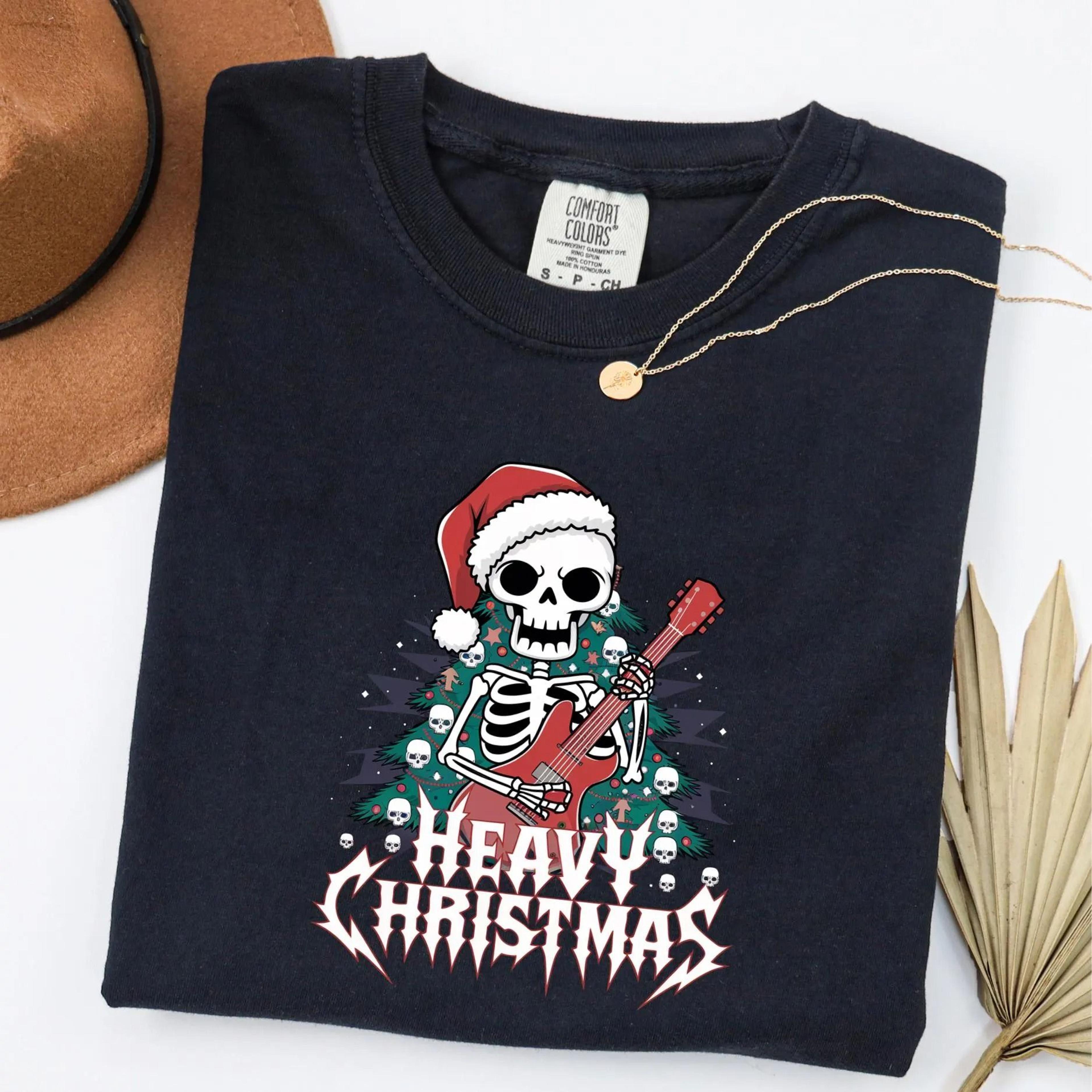heavy metal christmas skeleton guitar t-shirt, goth xmas tee