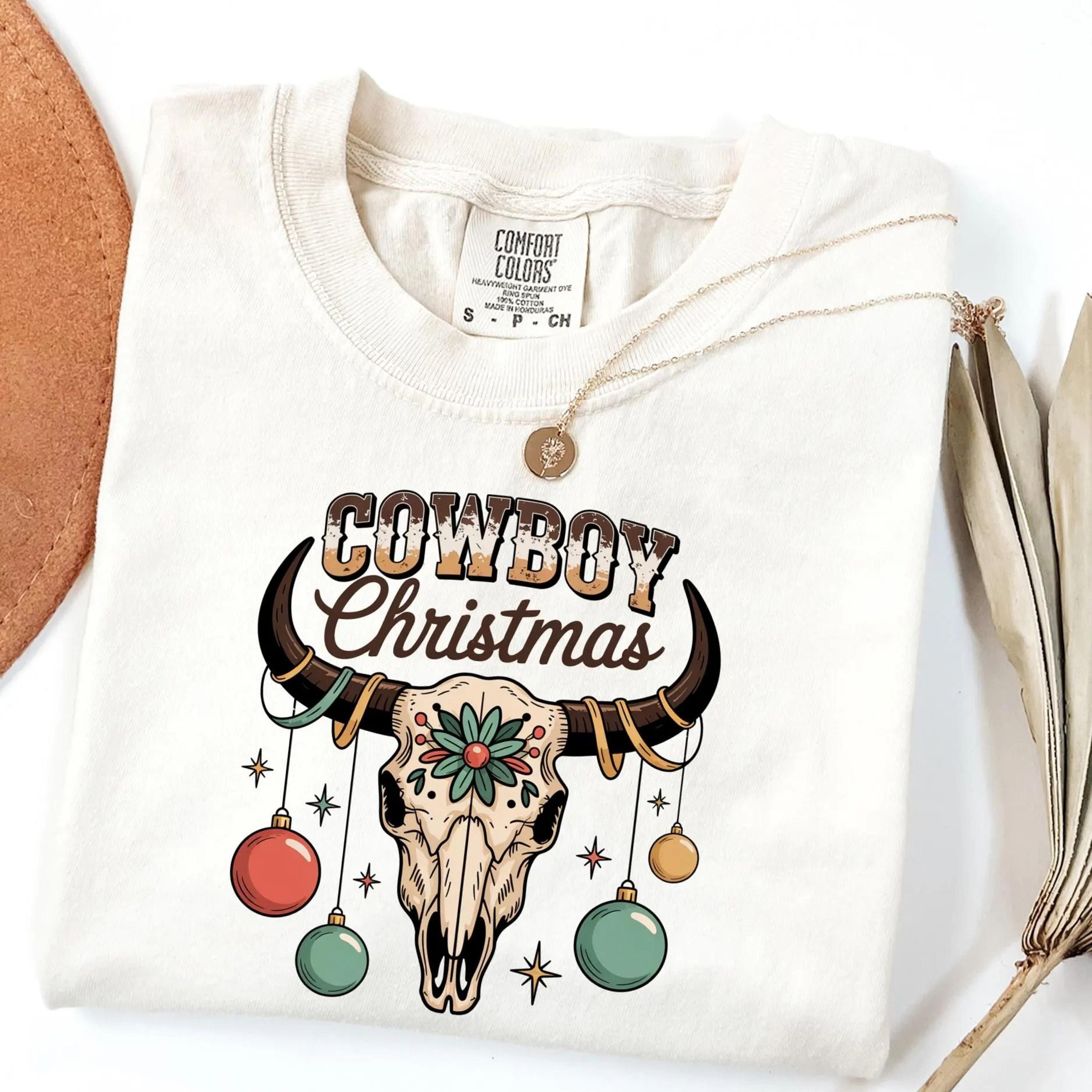 cowboy christmas longhorn skull tee, rustic western shirt