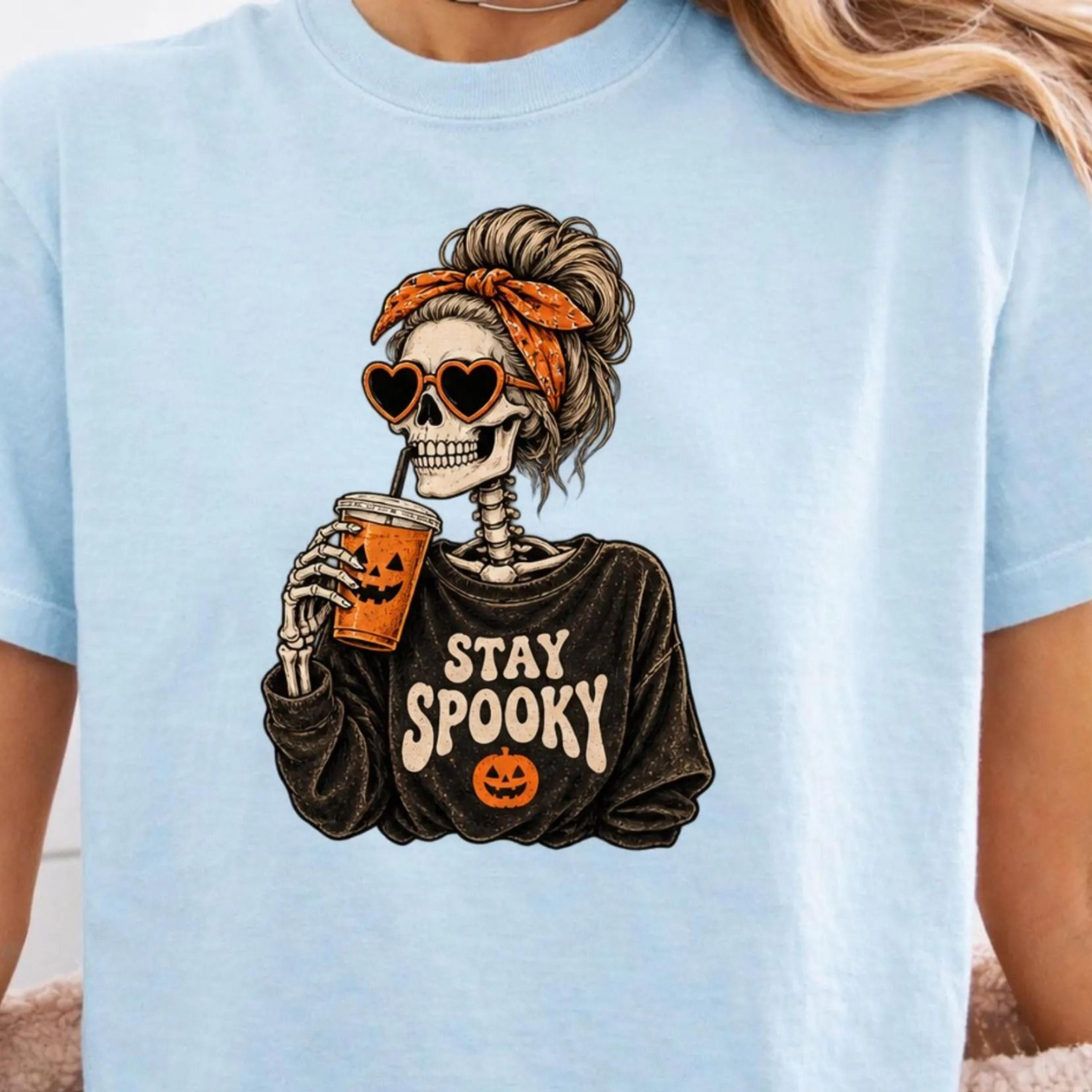 stay spooky skeleton boxy tee, comfort colors halloween shirt, skeleton coffee shirt, spooky season tee, retro halloween