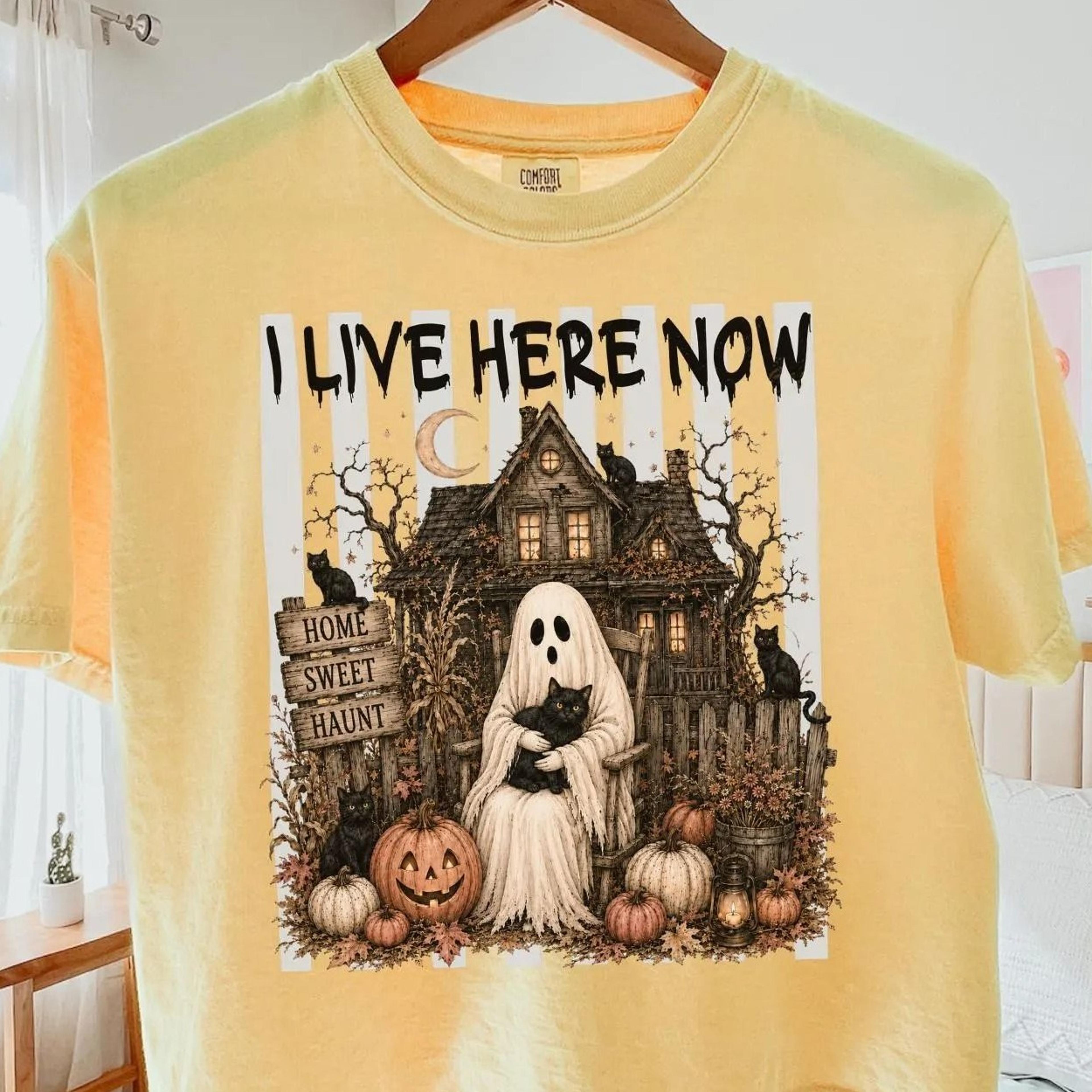 haunted house halloween shirt, vintage ghost & black cat boxy tee