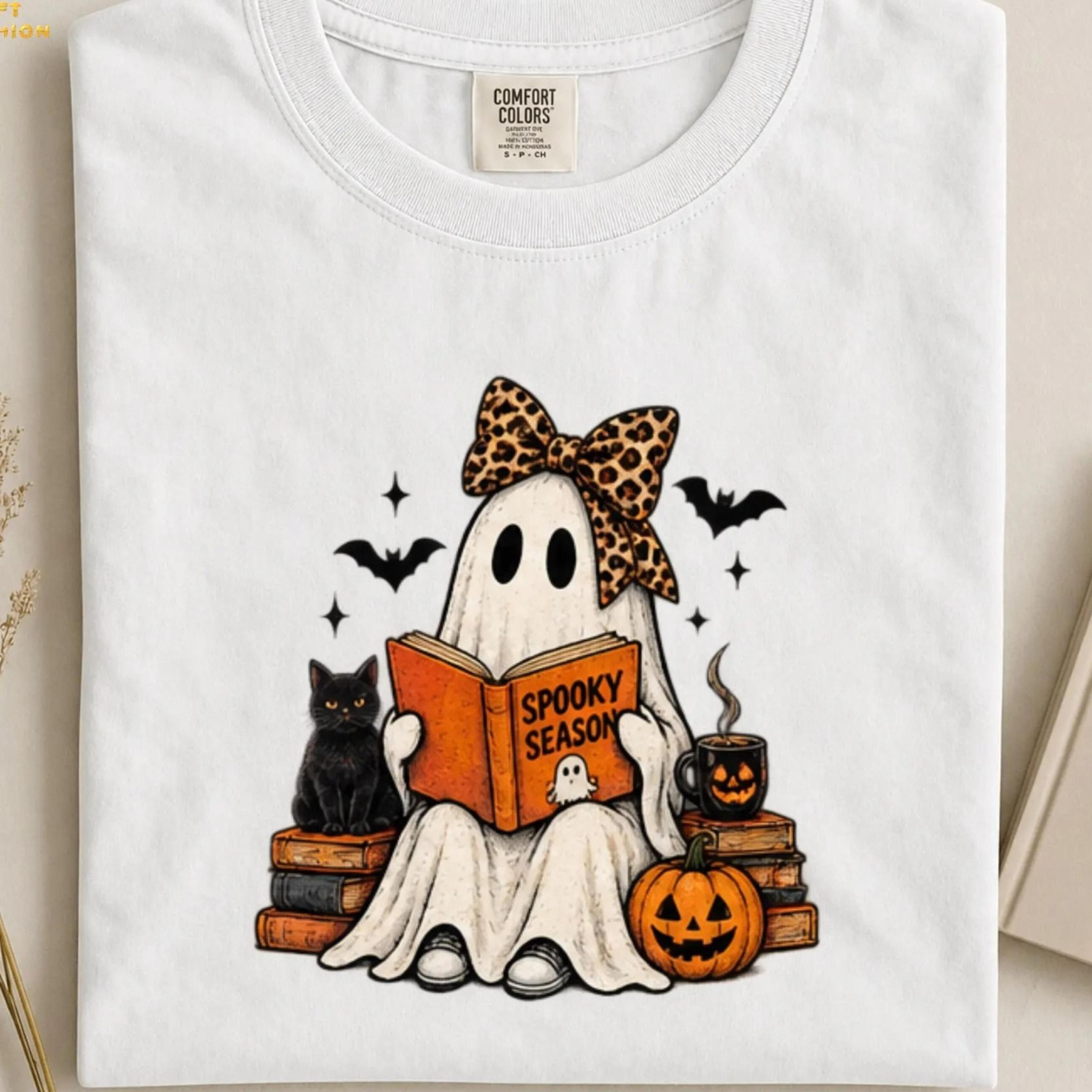 spooky season shirt, bookish ghost halloween tee, cute reading ghost shirt, black cat pumpkin