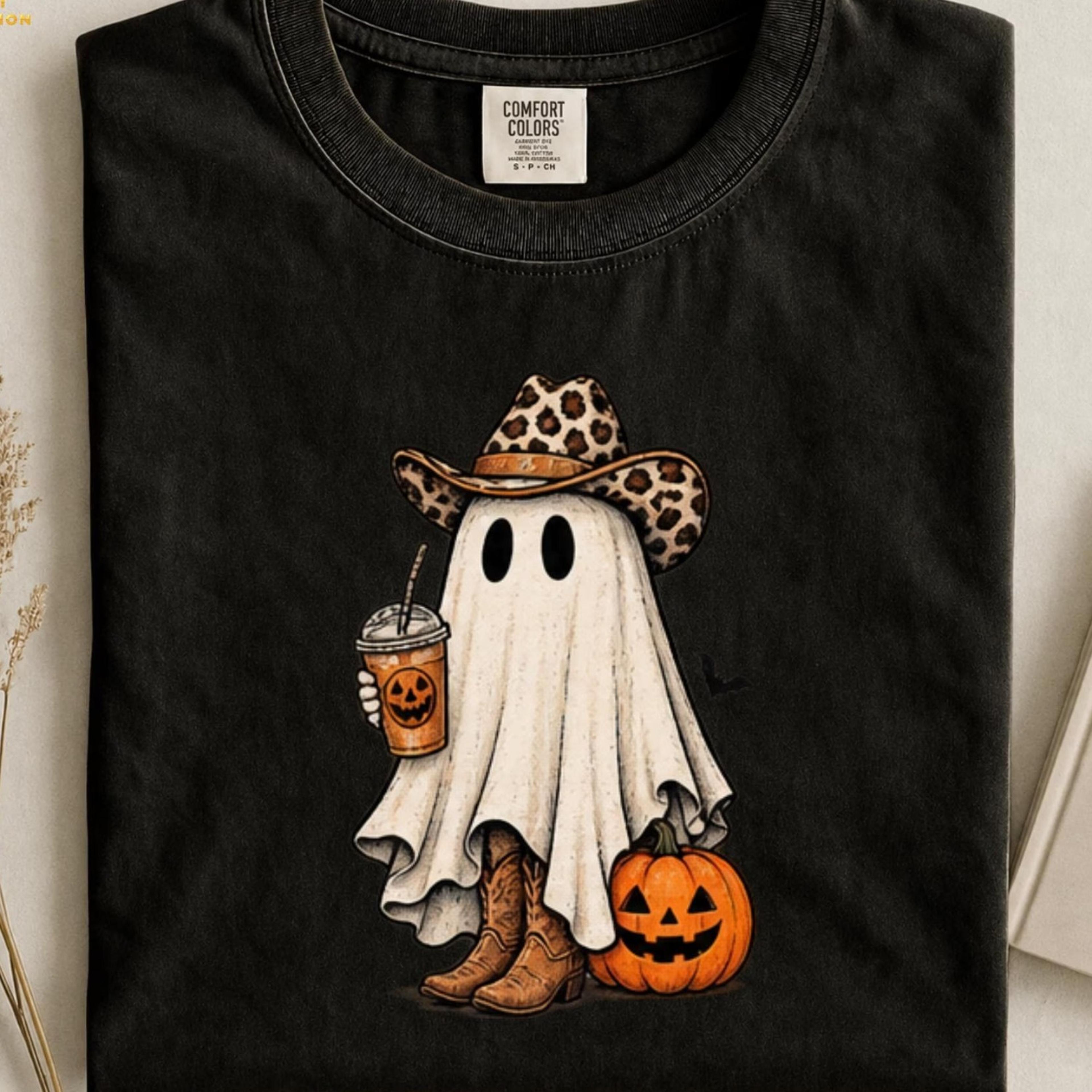 cowboy ghost halloween shirt, western cowgirl ghost tee, spooky pumpkin shirt, retro halloween