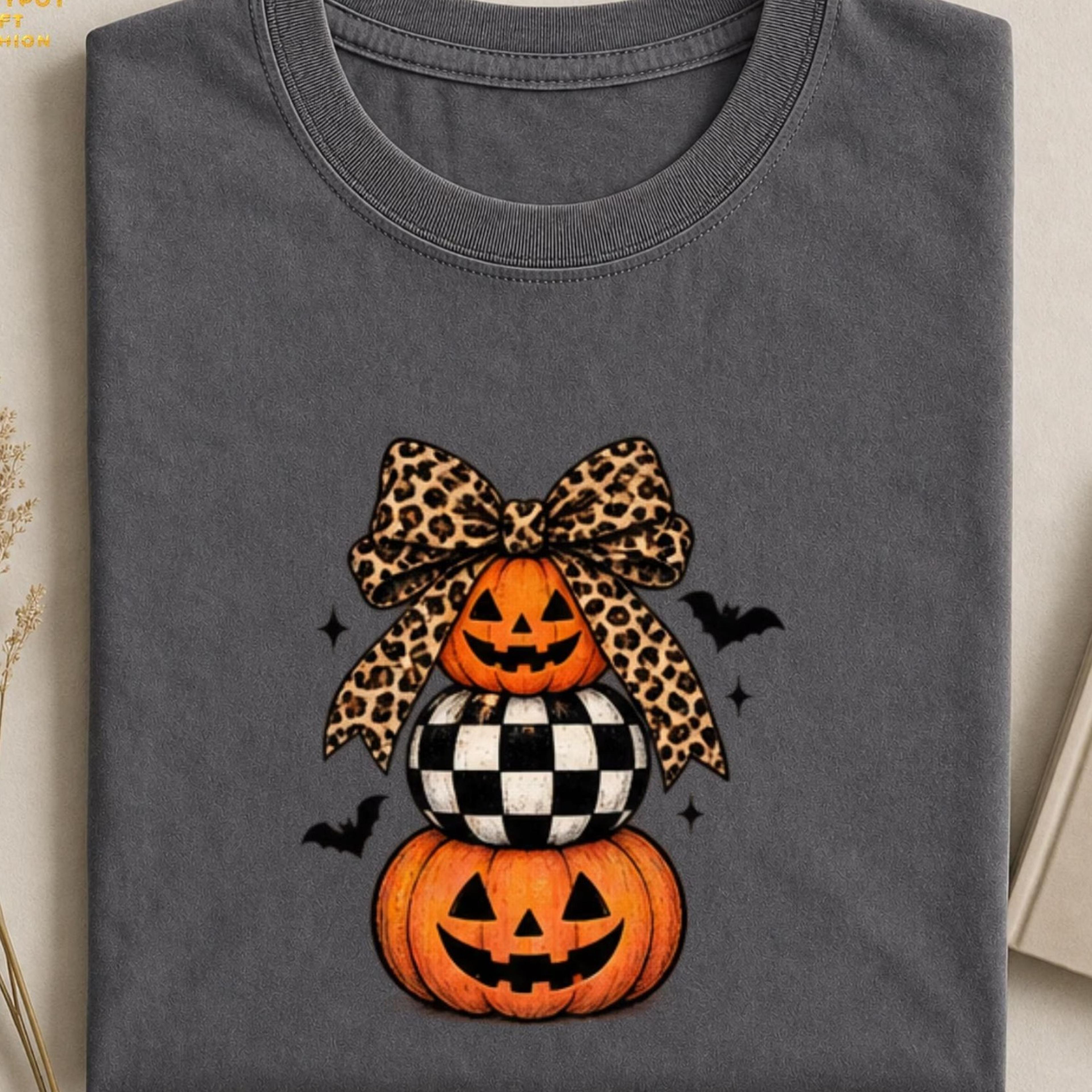 leopard bow halloween shirt, stacked pumpkin tee, checkered jack o lantern shirt, cute fall