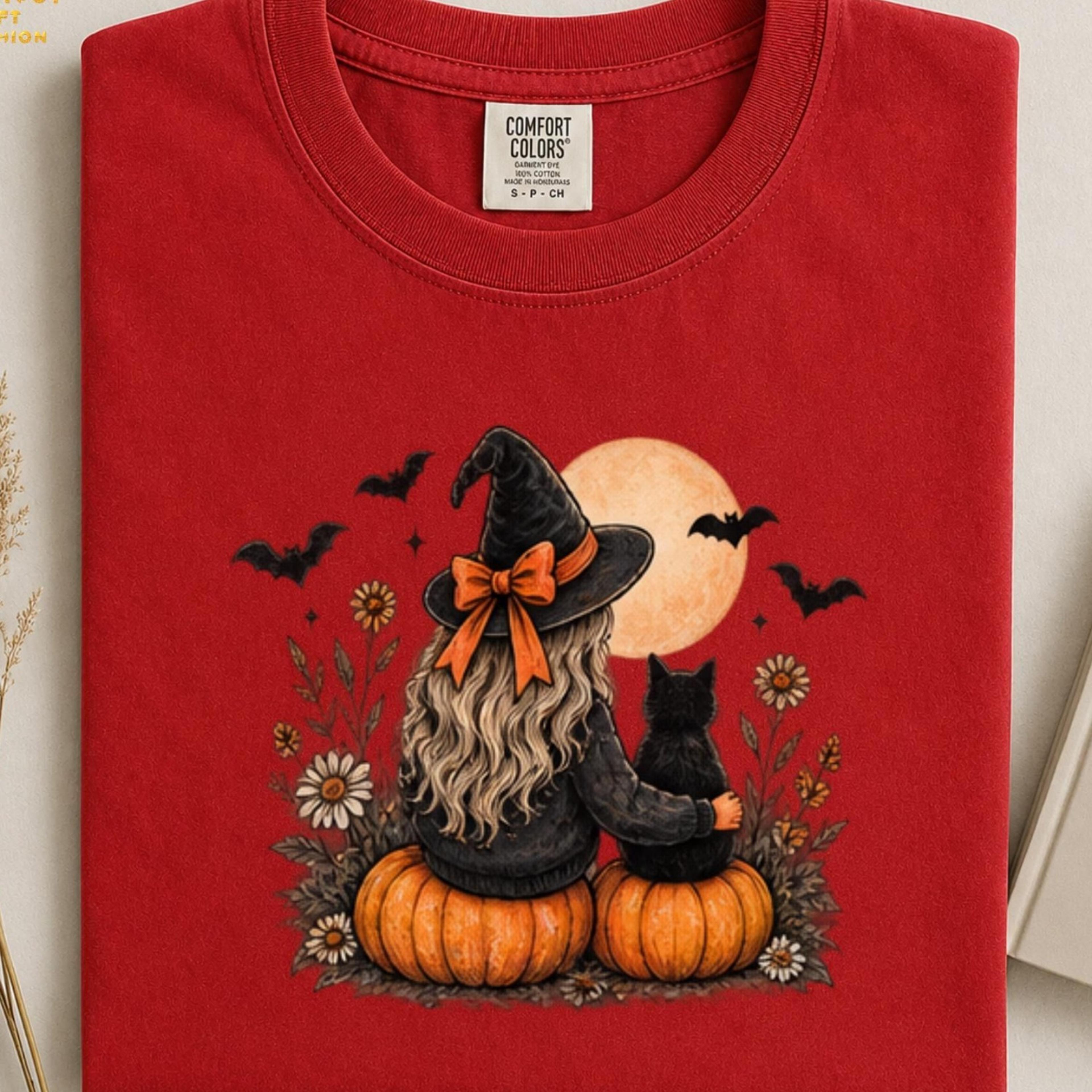 witchy halloween shirt, black cat pumpkin tee, vintage witch shirt, spooky season fall
