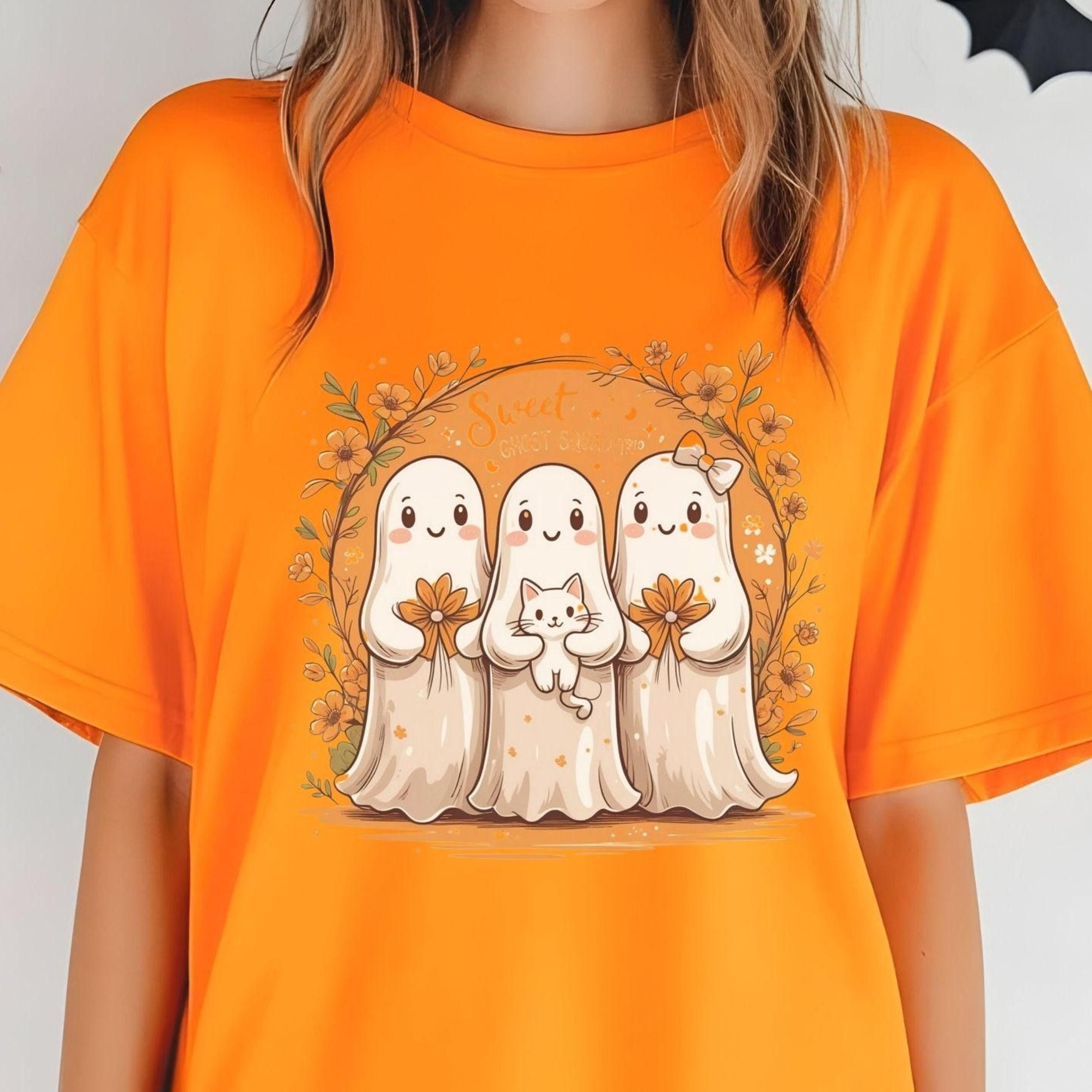 halloween ghosts with white cat, cute ghost shirt, women's halloween shirt, cute autumn shirt, go begging,